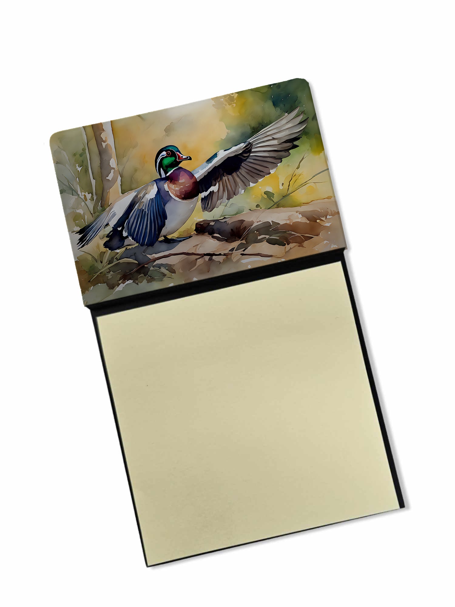 Wood Duck Taking Flight Watercolor Watercolor Sticky Note Holder Refillable Dispenser Desk Accessory 3x3 Pad Gift