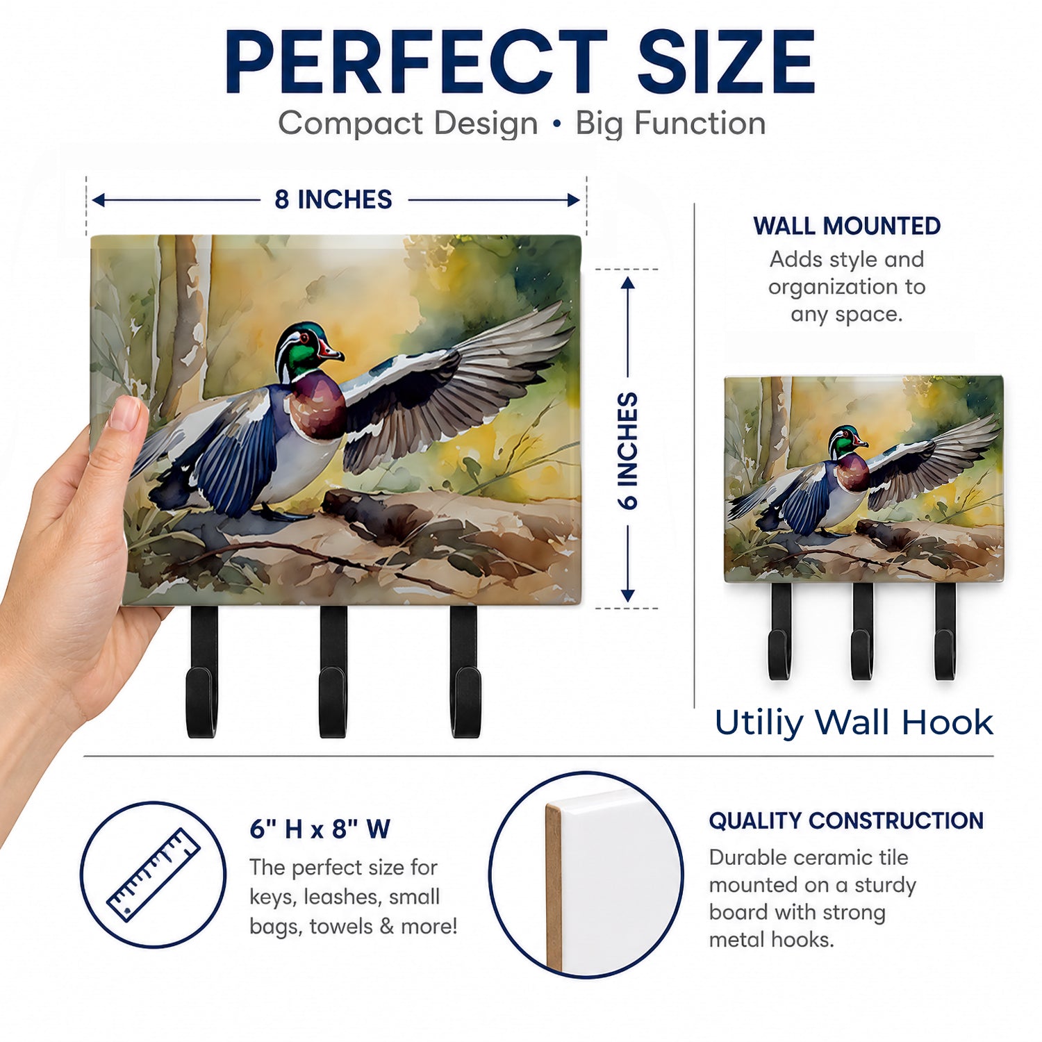 Wood Duck Taking Flight Watercolor Leash or Key Holder Wall Hooks, Coat Rack Wall Mount, for Hanging Keys, Towels, Aprons, Leashes