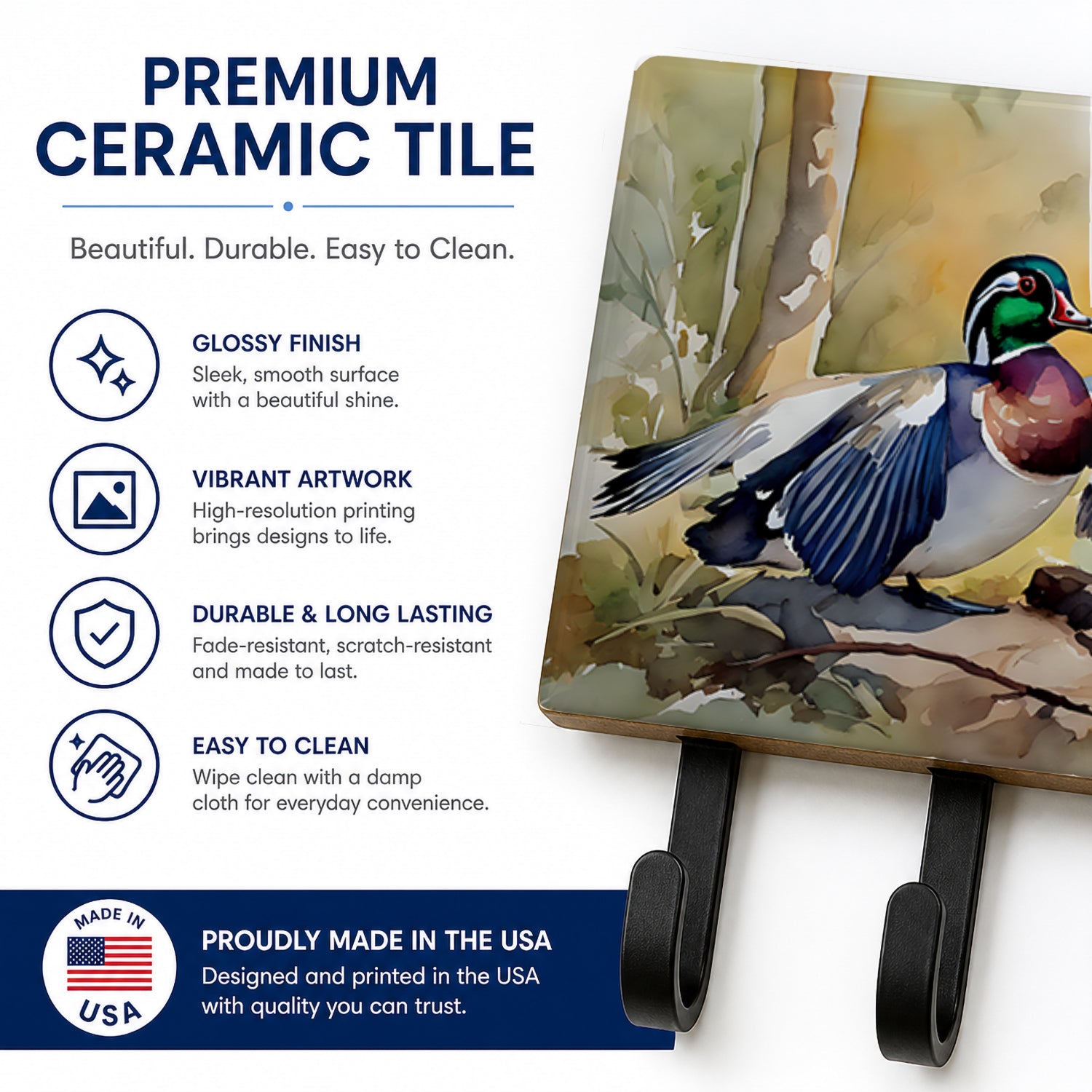 Wood Duck Taking Flight Watercolor Leash or Key Holder Wall Hooks, Coat Rack Wall Mount, for Hanging Keys, Towels, Aprons, Leashes