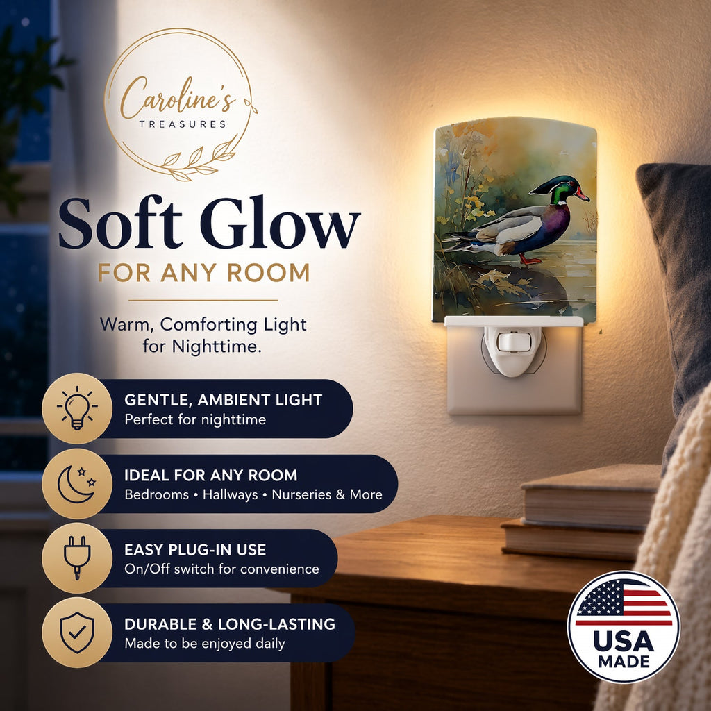 Wood Duck Swimming Woodland Watercolor Ceramic Night Light Compact, UL-Certified, Ideal for Bedroom, Bathroom, Nursery, Hallway, Kitchen, 6x4x3, Multicolor