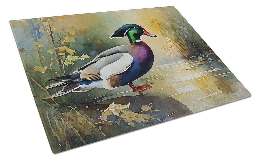 Wood Duck Swimming Woodland Watercolor Cutting Board Tempered Glass Kitchen Cutting Surface, Heat Resistant Chopping, Non-Slip Feet, Food Prep & Serving