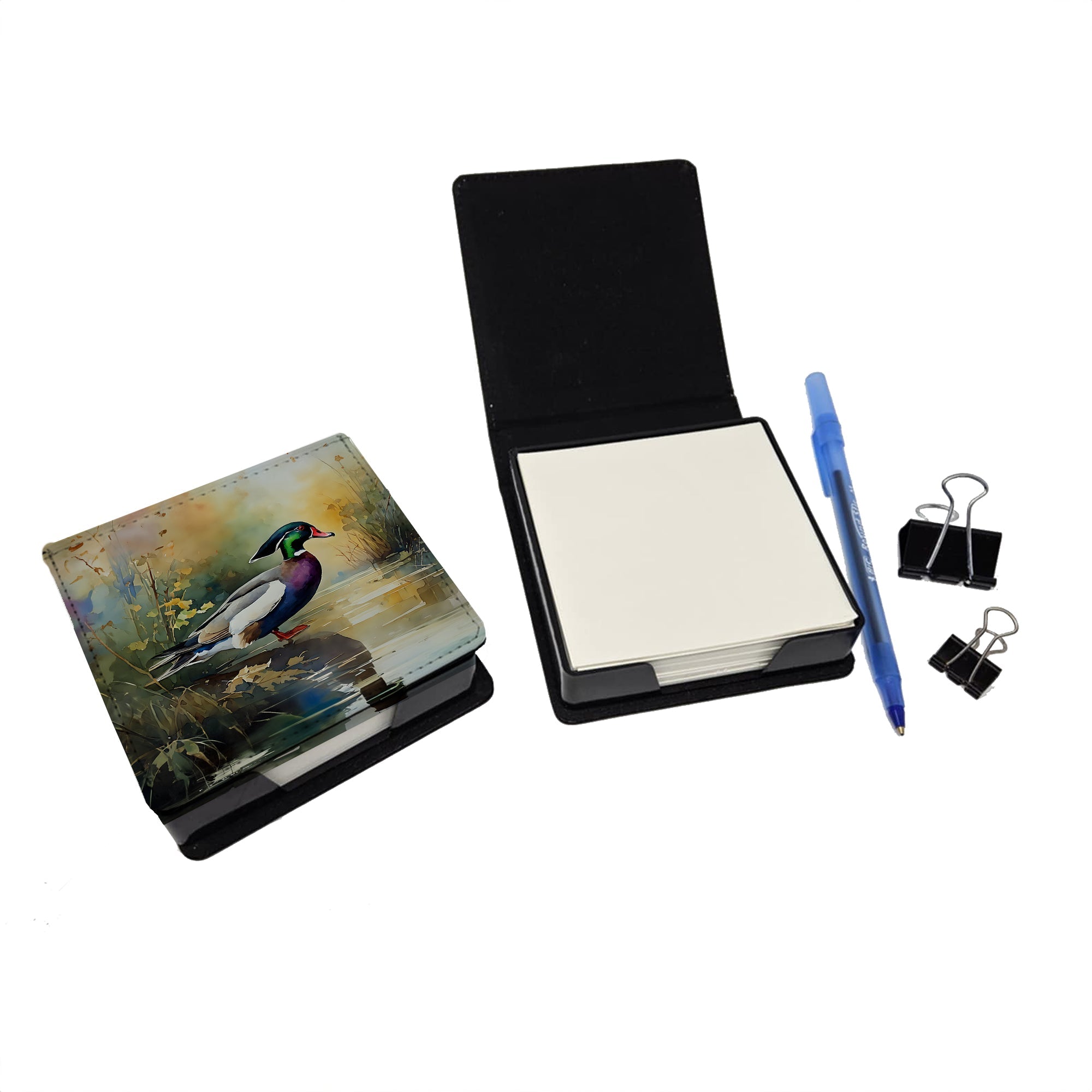 Wood Duck Swimming Woodland Watercolor PU Leather Note Paper Holder with Artist-Designed Cover, Desk Accessory, Office Gift