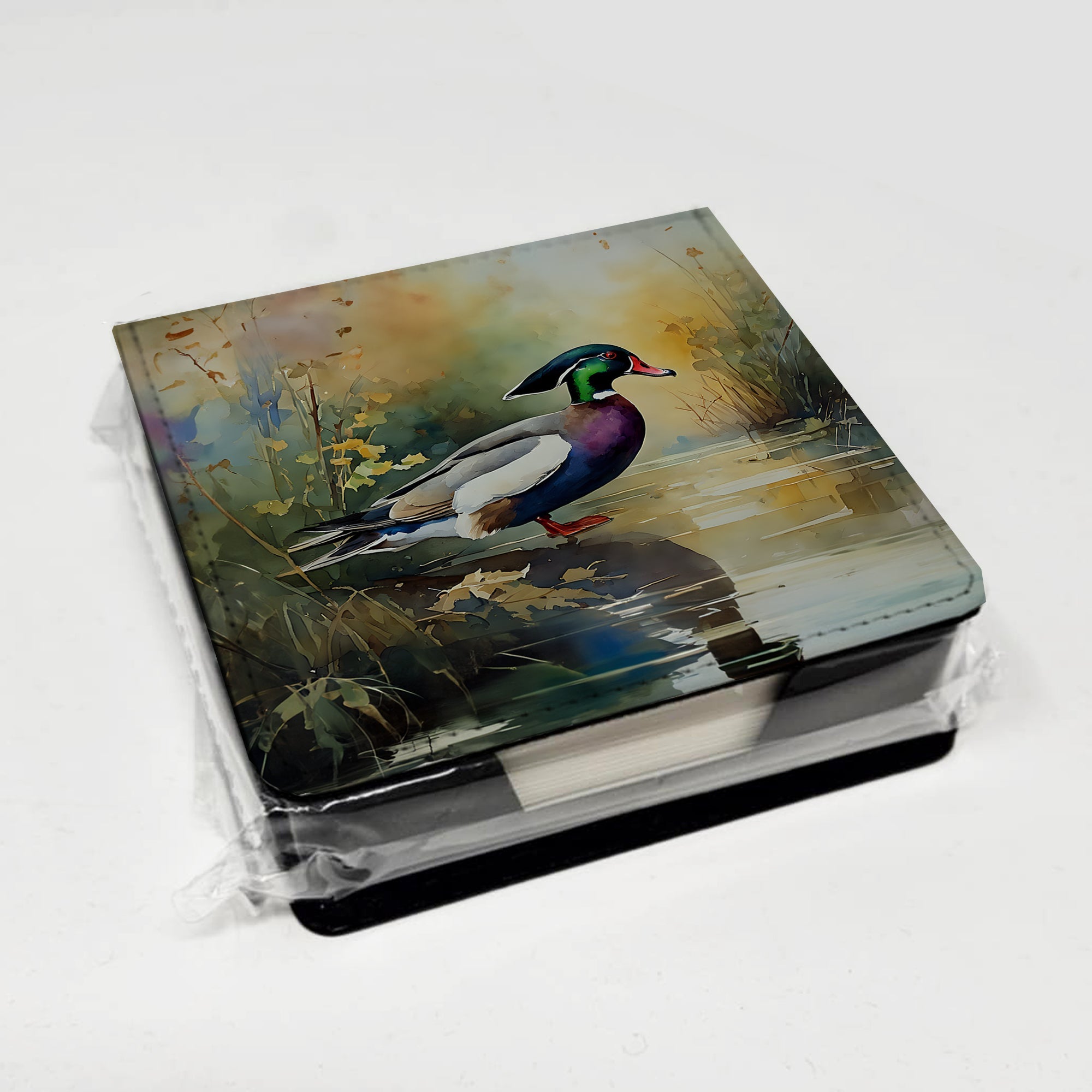 Wood Duck Swimming Woodland Watercolor PU Leather Note Paper Holder with Artist-Designed Cover, Desk Accessory, Office Gift