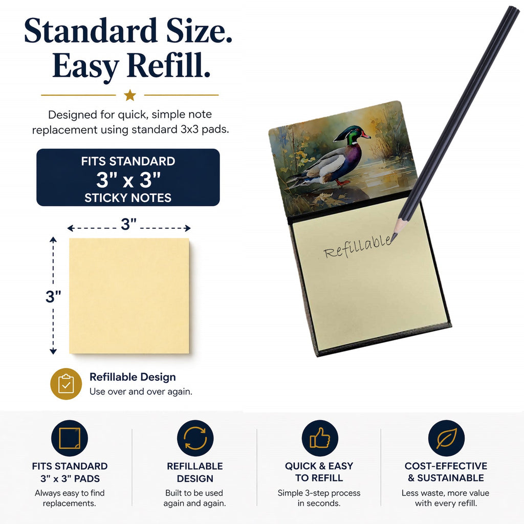 Wood Duck Swimming Woodland Watercolor Watercolor Sticky Note Holder Refillable Dispenser Desk Accessory 3x3 Pad Gift