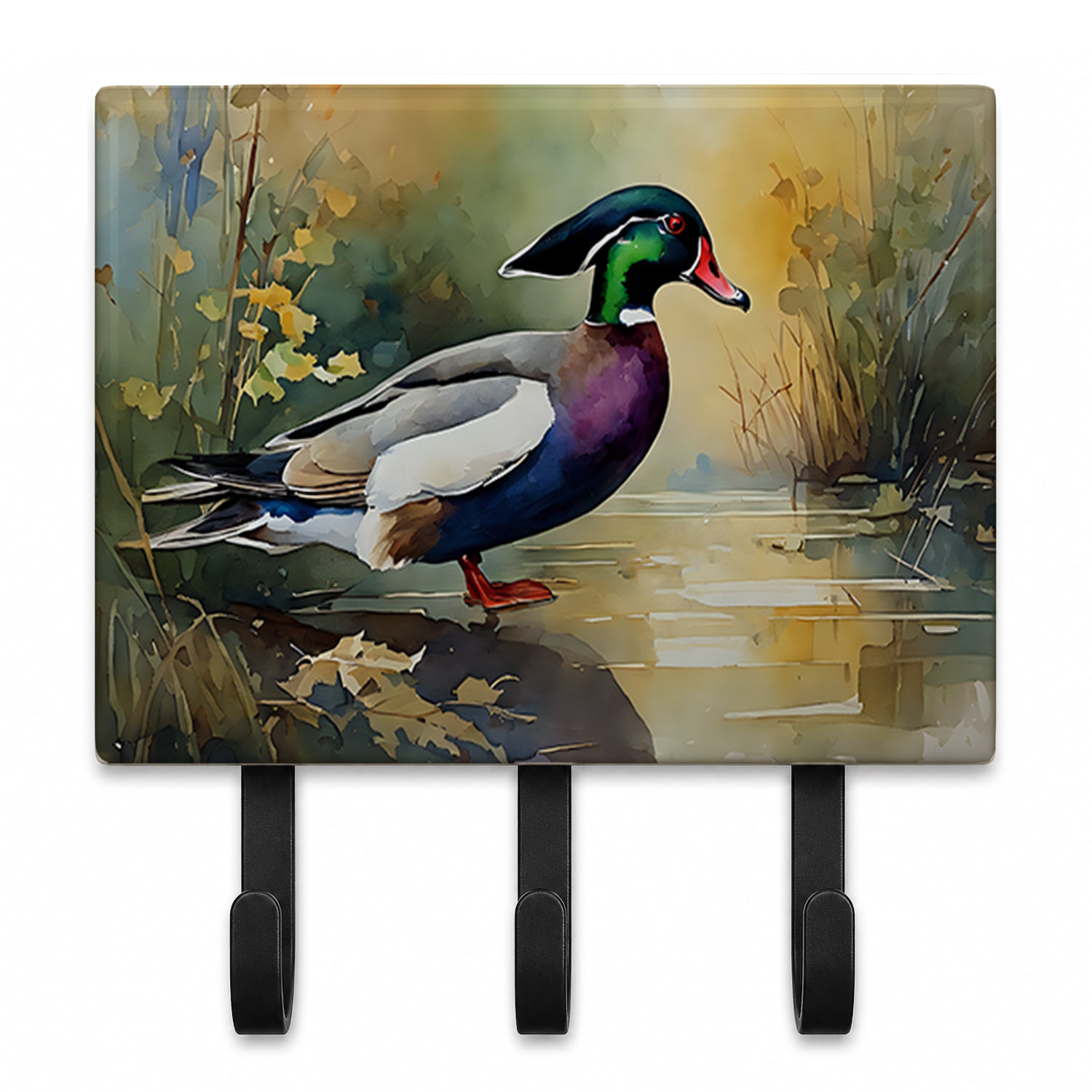 Wood Duck Swimming Woodland Watercolor Leash or Key Holder Wall Hooks, Coat Rack Wall Mount, for Hanging Keys, Towels, Aprons, Leashes