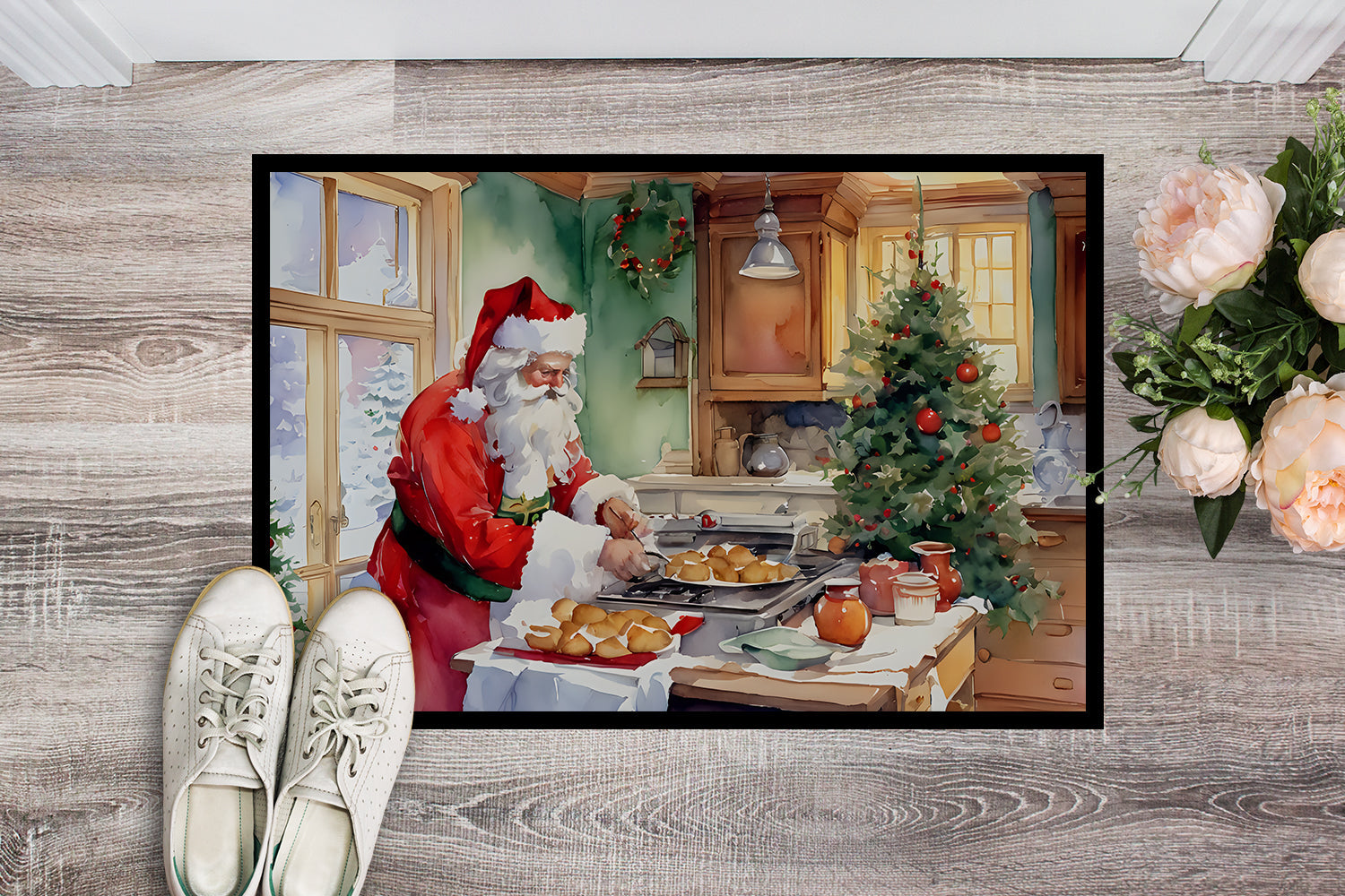 Cookies with Santa Claus Father Christmas Doormat Indoor Outdoor 18H X 27W Front Door Mat Rugs for Entryway, Non Slip Washable