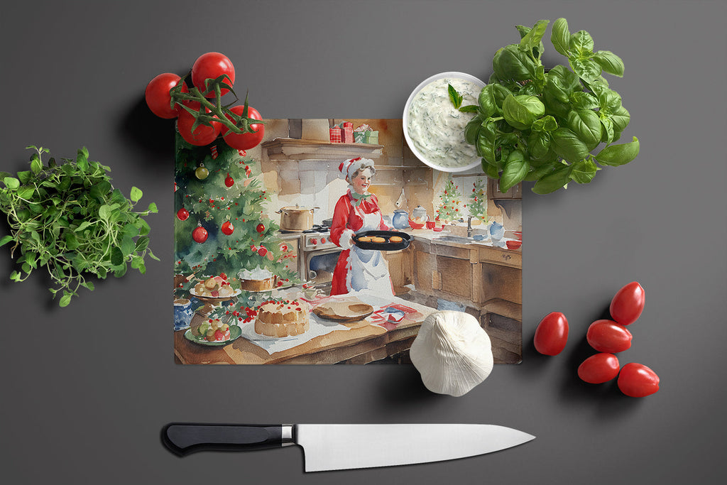 Cookies with Santa Claus Mrs. Claus Cutting Board Tempered Glass Kitchen Cutting Surface, Heat Resistant Chopping, Non-Slip Feet, Food Prep & Serving