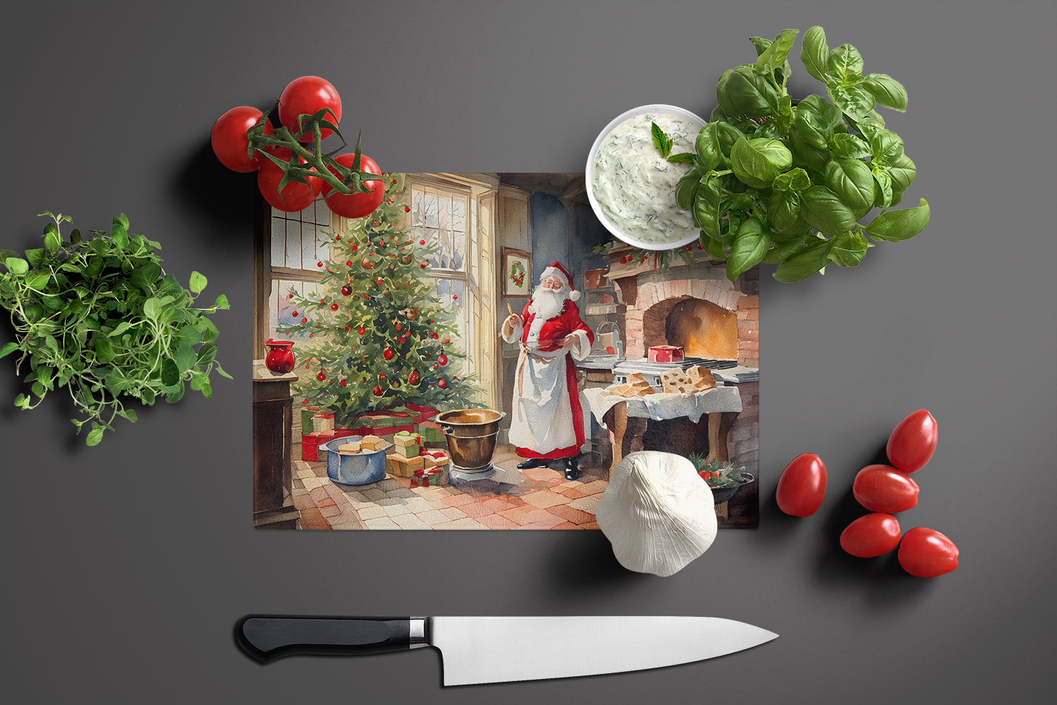Cookies with Santa Claus Cutting Board Tempered Glass Kitchen Cutting Surface, Heat Resistant Chopping, Non-Slip Feet, Food Prep & Serving