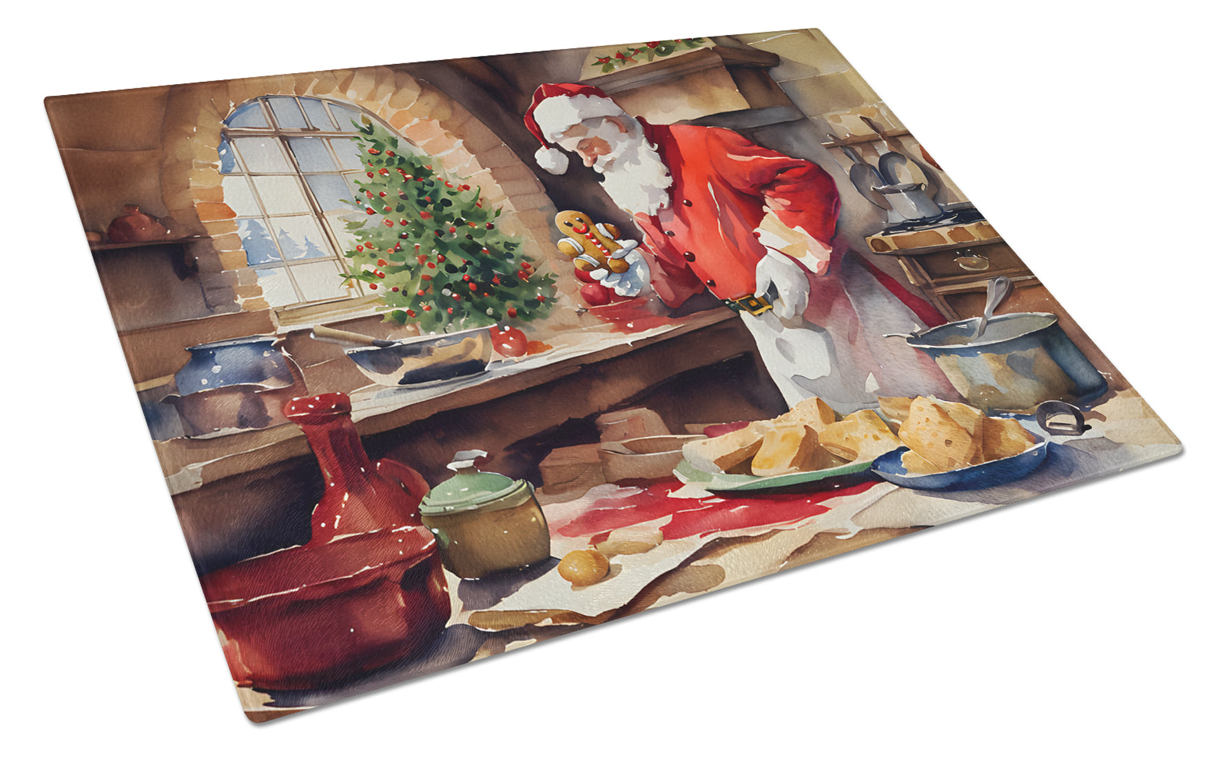 Cookies with Santa Claus Cutting Board Tempered Glass Kitchen Cutting Surface, Heat Resistant Chopping, Non-Slip Feet, Food Prep & Serving