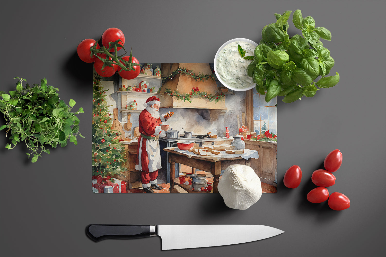 Cookies with Santa Claus Cutting Board Tempered Glass Kitchen Cutting Surface, Heat Resistant Chopping, Non-Slip Feet, Food Prep & Serving