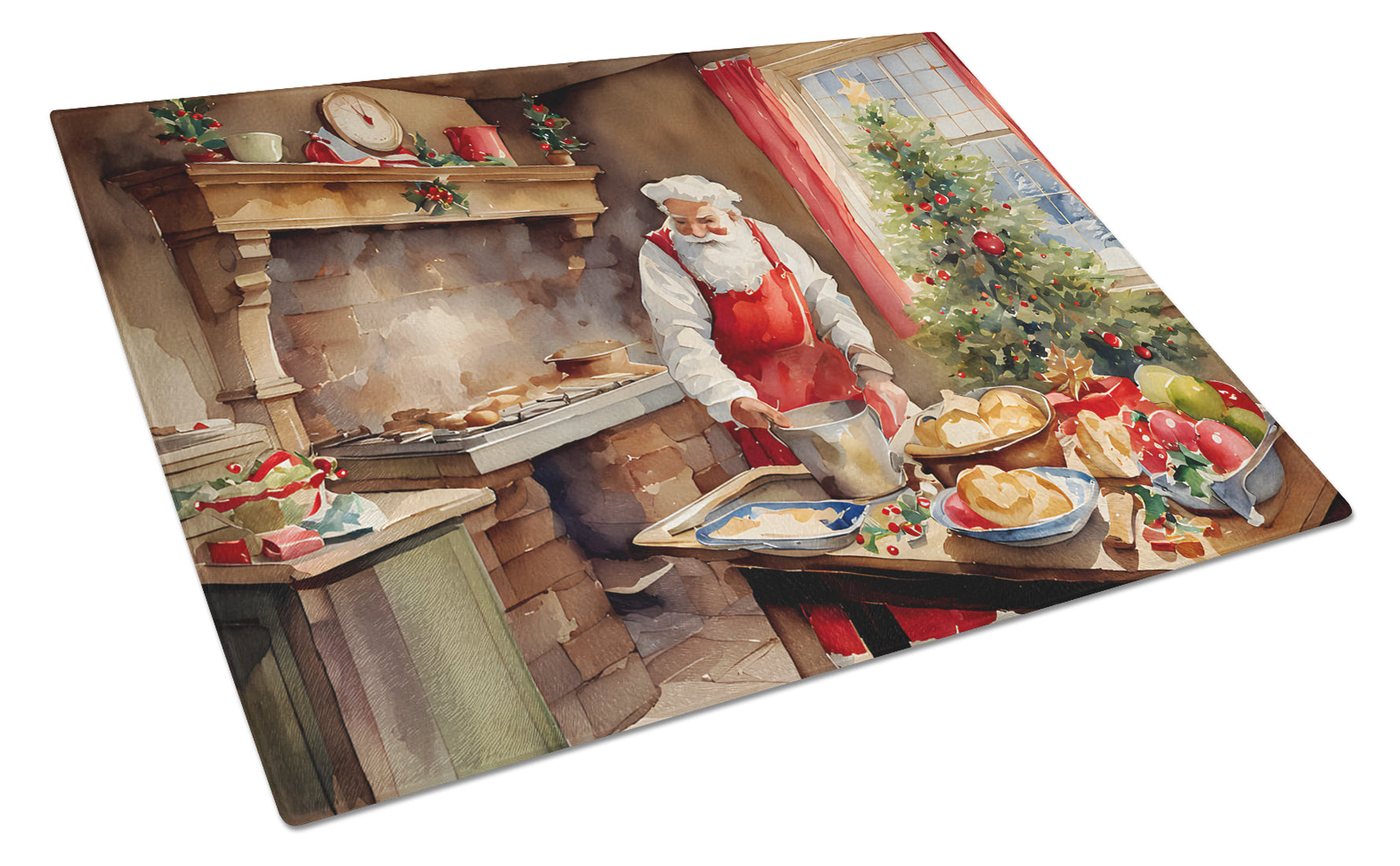 Cookies with Santa Claus Cutting Board Tempered Glass Kitchen Cutting Surface, Heat Resistant Chopping, Non-Slip Feet, Food Prep & Serving