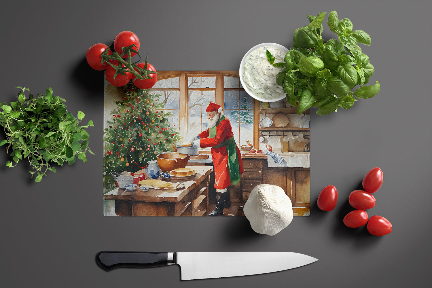 Cookies with Santa Claus Weihnachtsmann Cutting Board Tempered Glass Kitchen Cutting Surface, Heat Resistant Chopping, Non-Slip Feet, Food Prep & Serving