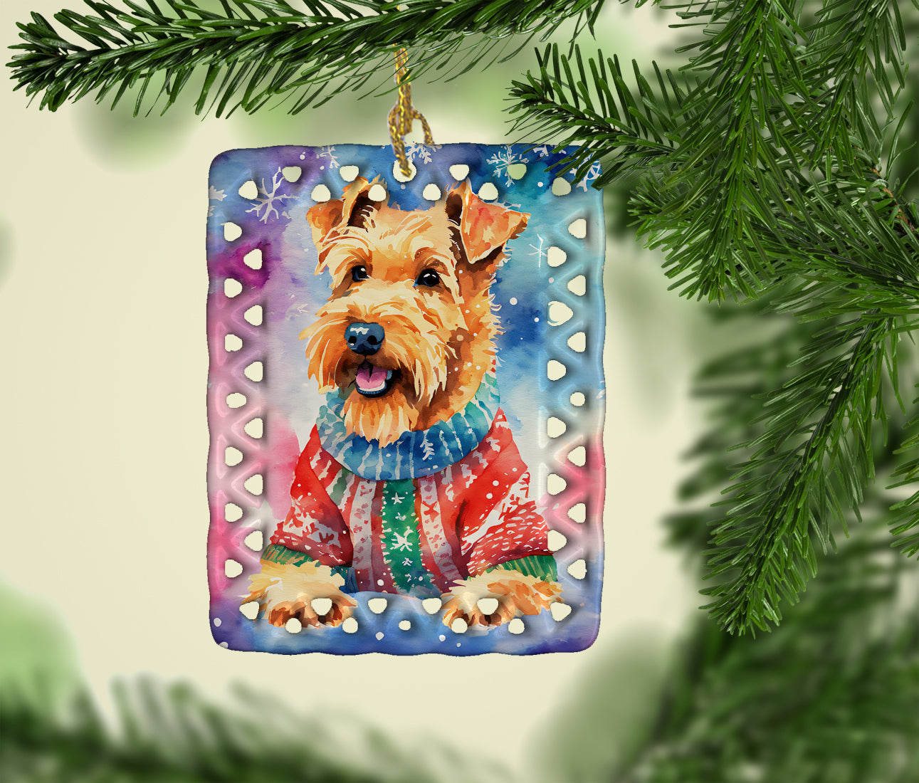 Airedale Terrier Christmas Porcelain Ornament Christmas Tree Hanging Decorations for Home Christmas Holiday, Rectangle, Gift, Multicolor