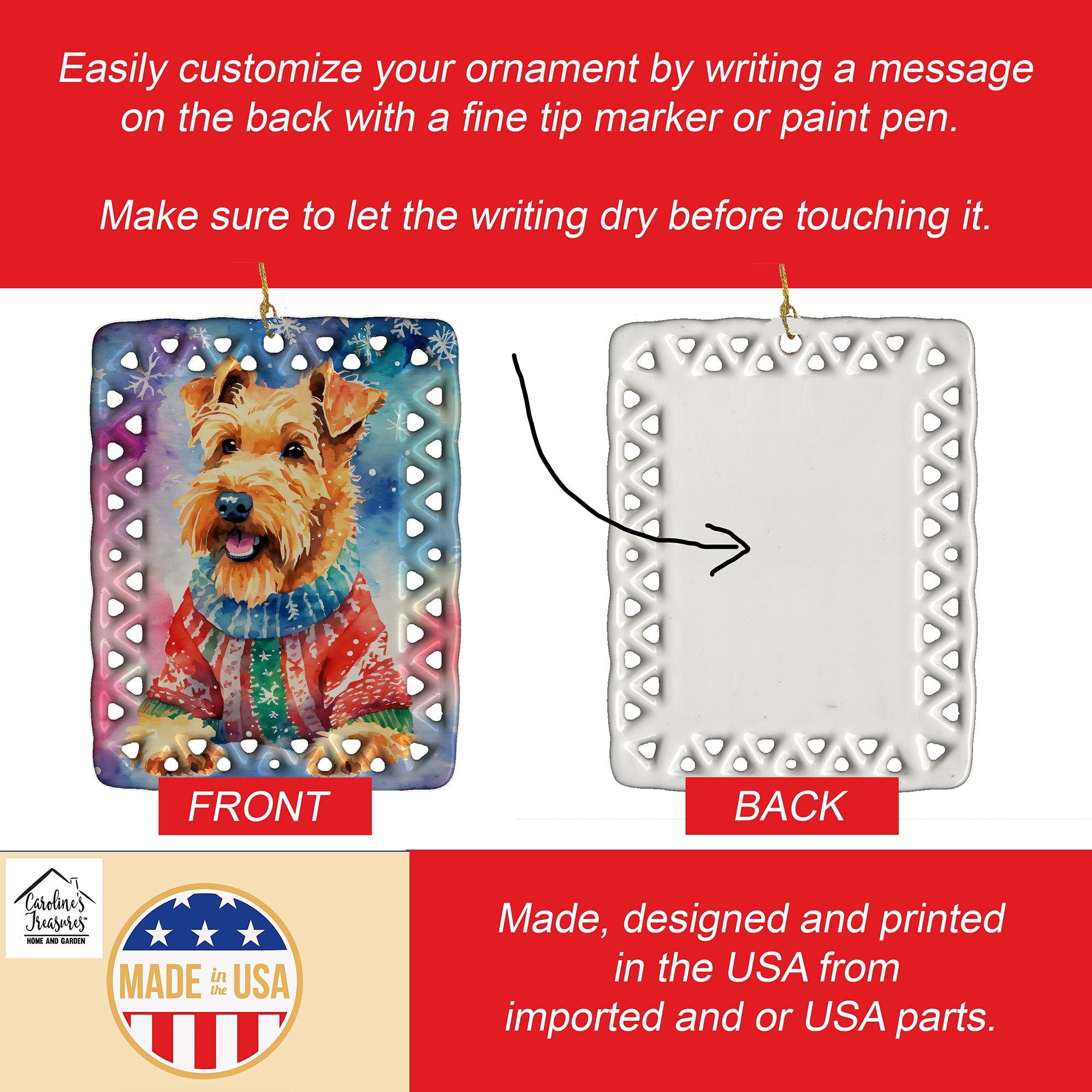 Airedale Terrier Christmas Porcelain Ornament Christmas Tree Hanging Decorations for Home Christmas Holiday, Rectangle, Gift, Multicolor