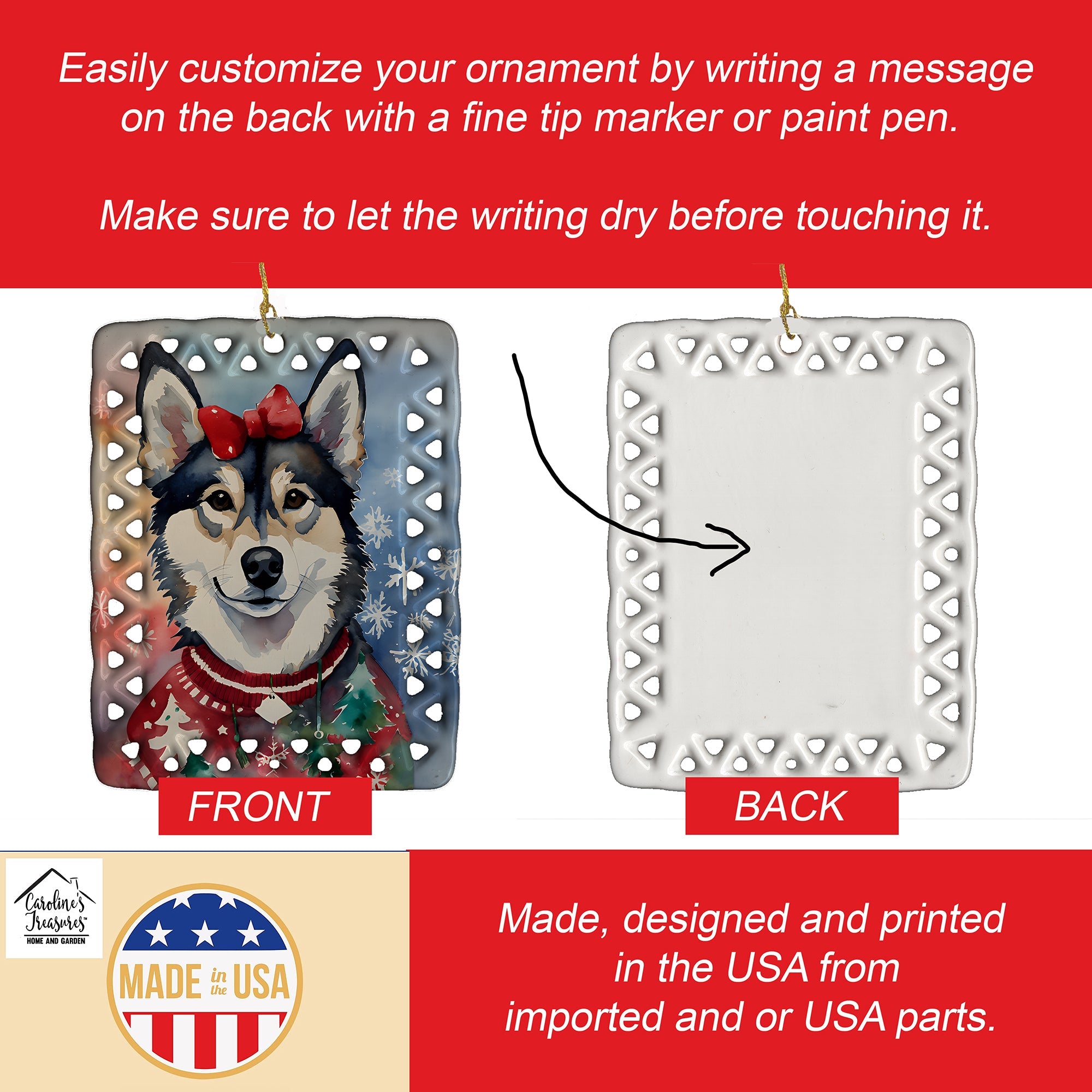 Alaskan Klee Kai Christmas Porcelain Ornament Christmas Tree Hanging Decorations for Home Christmas Holiday, Rectangle, Gift, Multicolor