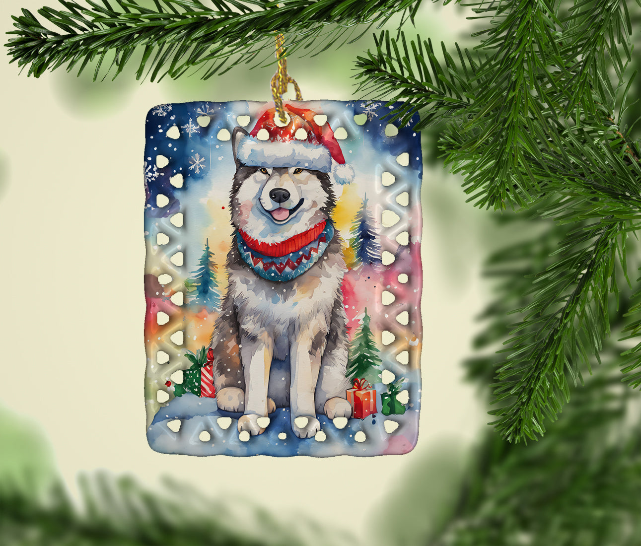 Alaskan Malamute Christmas Porcelain Ornament Christmas Tree Hanging Decorations for Home Christmas Holiday, Rectangle, Gift, Multicolor