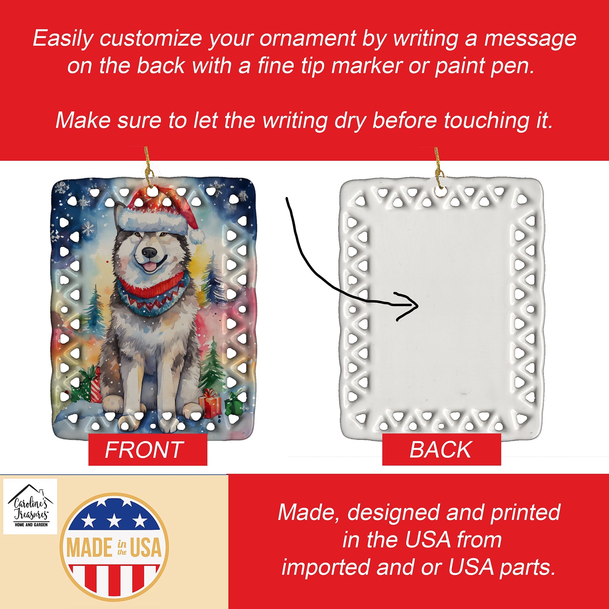 Alaskan Malamute Christmas Porcelain Ornament Christmas Tree Hanging Decorations for Home Christmas Holiday, Rectangle, Gift, Multicolor