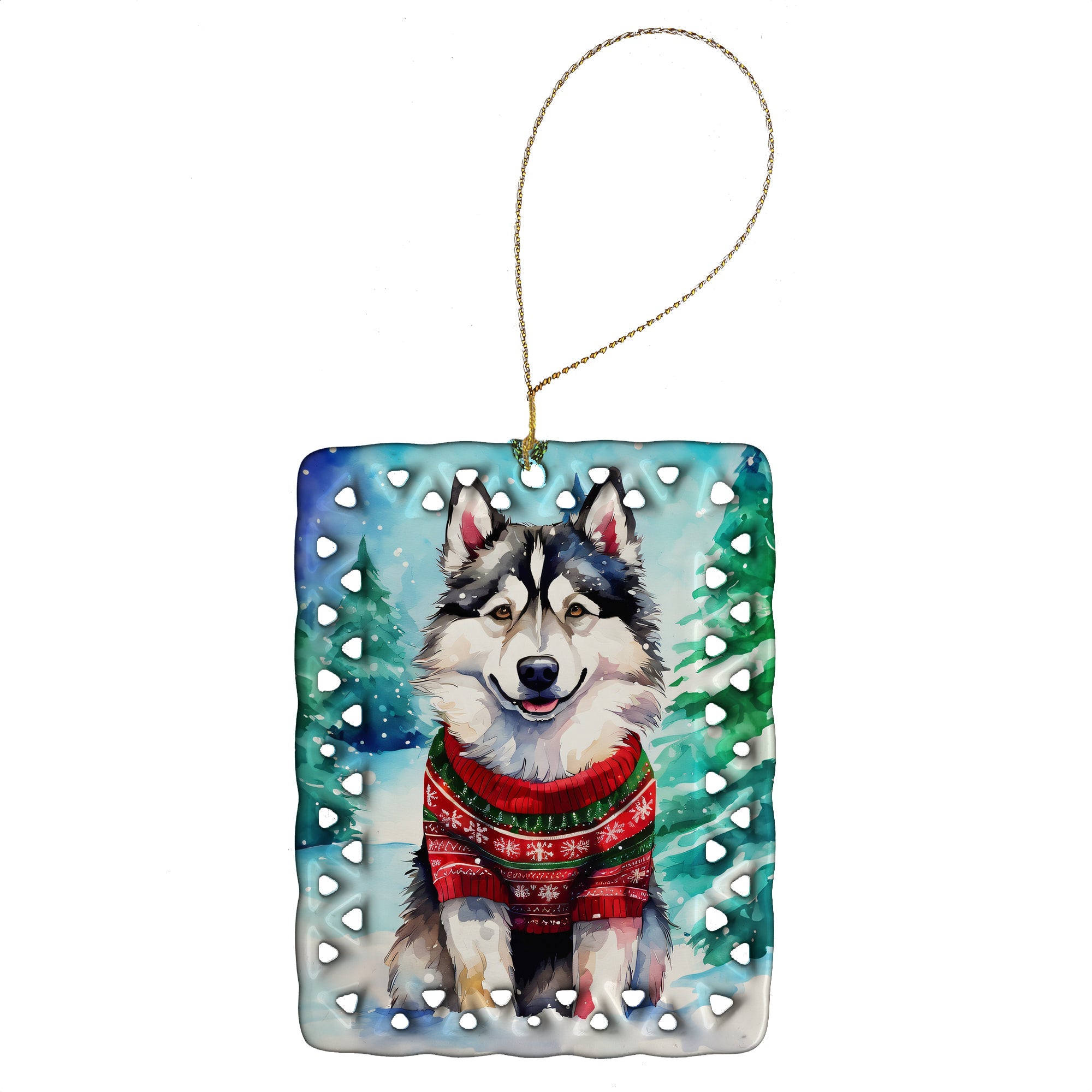 Alaskan Malamute Christmas Porcelain Ornament Christmas Tree Hanging Decorations for Home Christmas Holiday, Rectangle, Gift, Multicolor