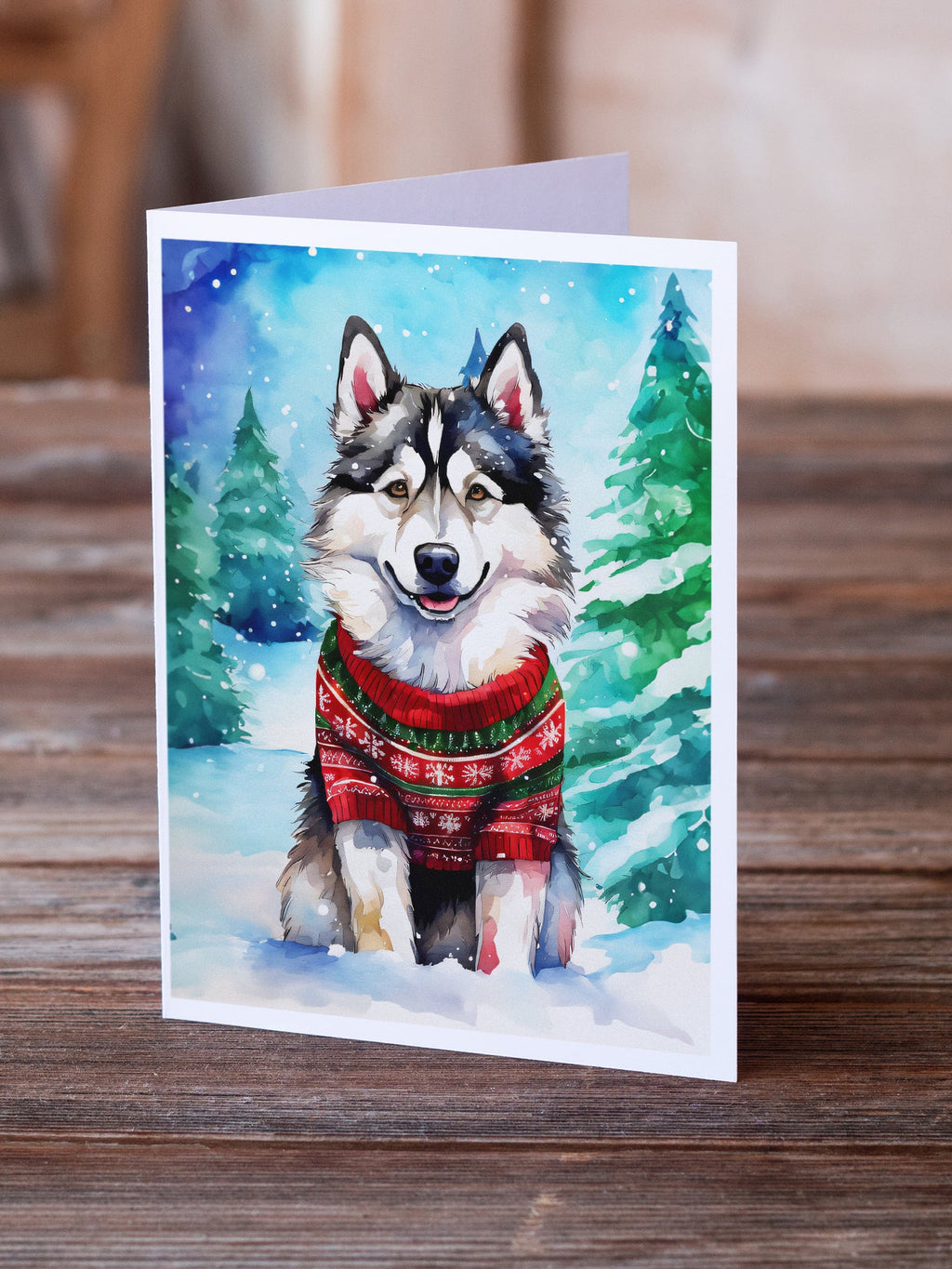 Alaskan Malamute Christmas Greeting Cards Pack of 8 Blank Cards with Envelopes Whimsical A7 Size 5x7