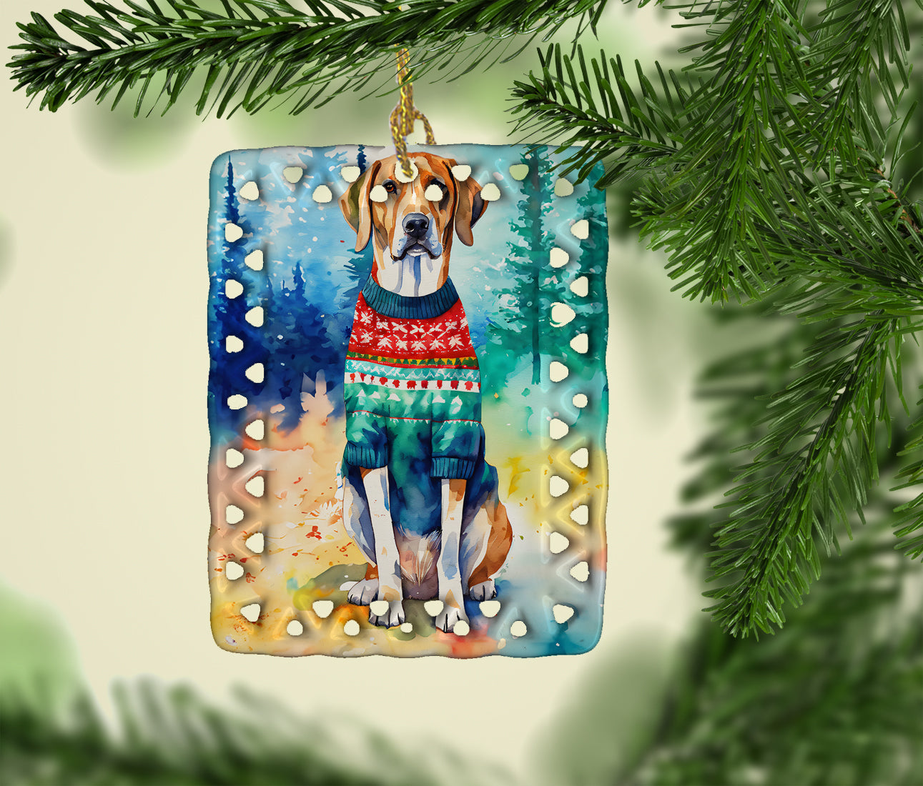 American English Coonhound Christmas Porcelain Ornament Christmas Tree Hanging Decorations for Home Christmas Holiday, Rectangle, Gift, Multicolor