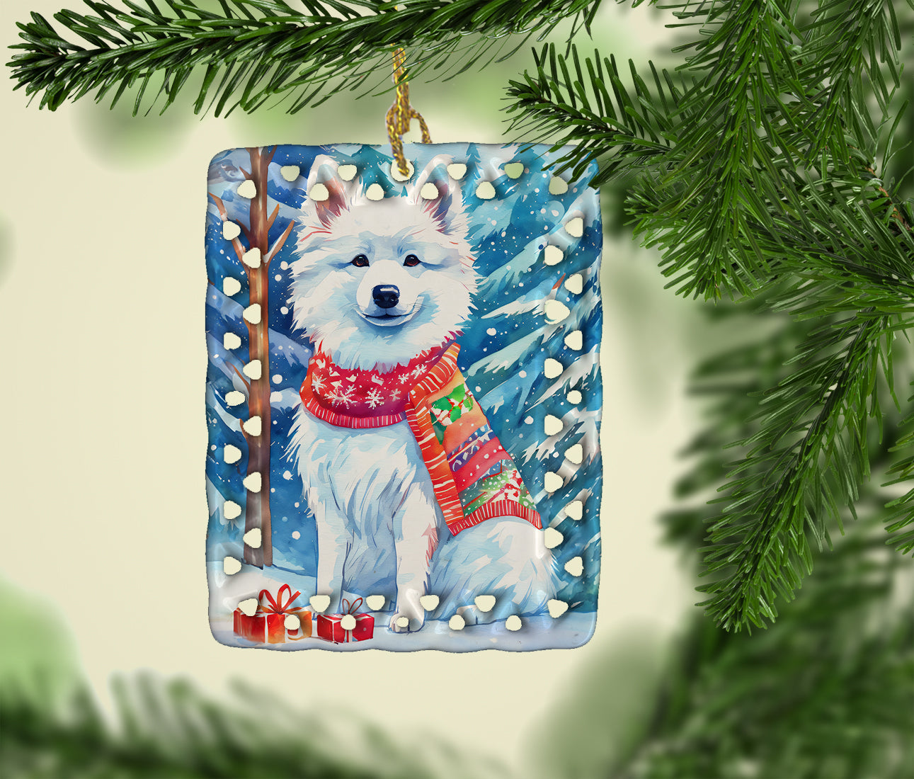 American Eskimo Christmas Porcelain Ornament Christmas Tree Hanging Decorations for Home Christmas Holiday, Rectangle, Gift, Multicolor
