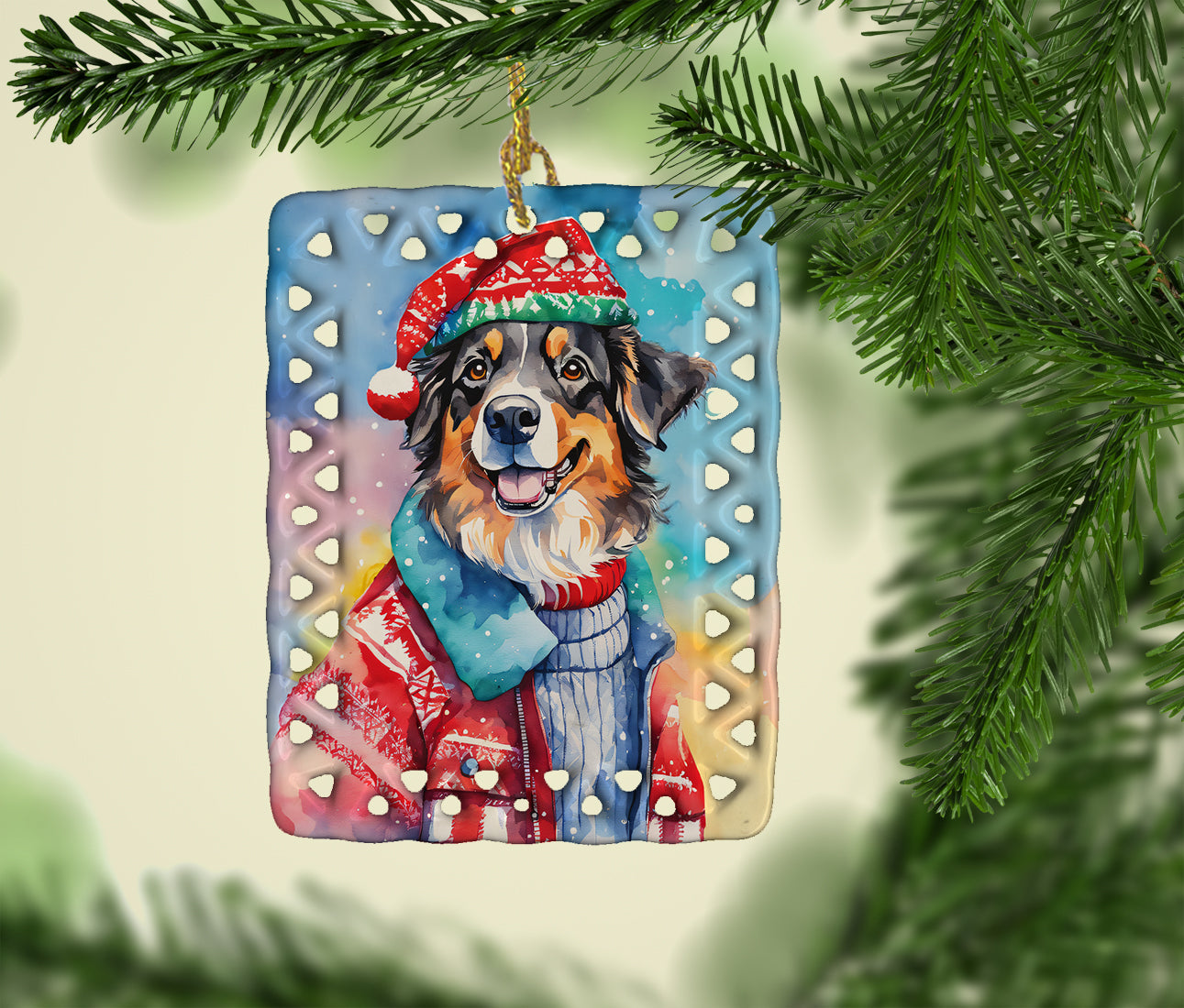 Australian Shepherd Christmas Porcelain Ornament Christmas Tree Hanging Decorations for Home Christmas Holiday, Rectangle, Gift, Multicolor