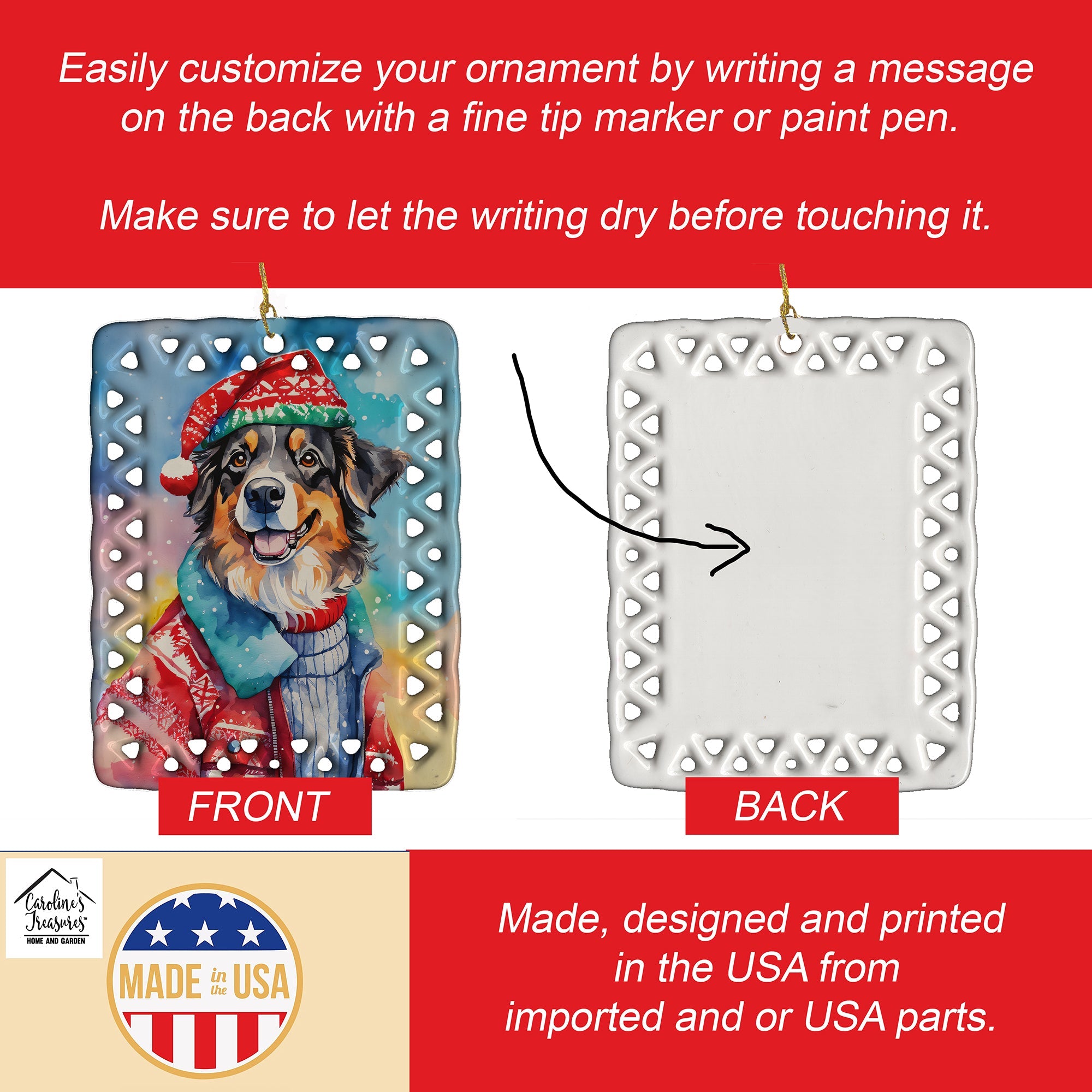 Australian Shepherd Christmas Porcelain Ornament Christmas Tree Hanging Decorations for Home Christmas Holiday, Rectangle, Gift, Multicolor
