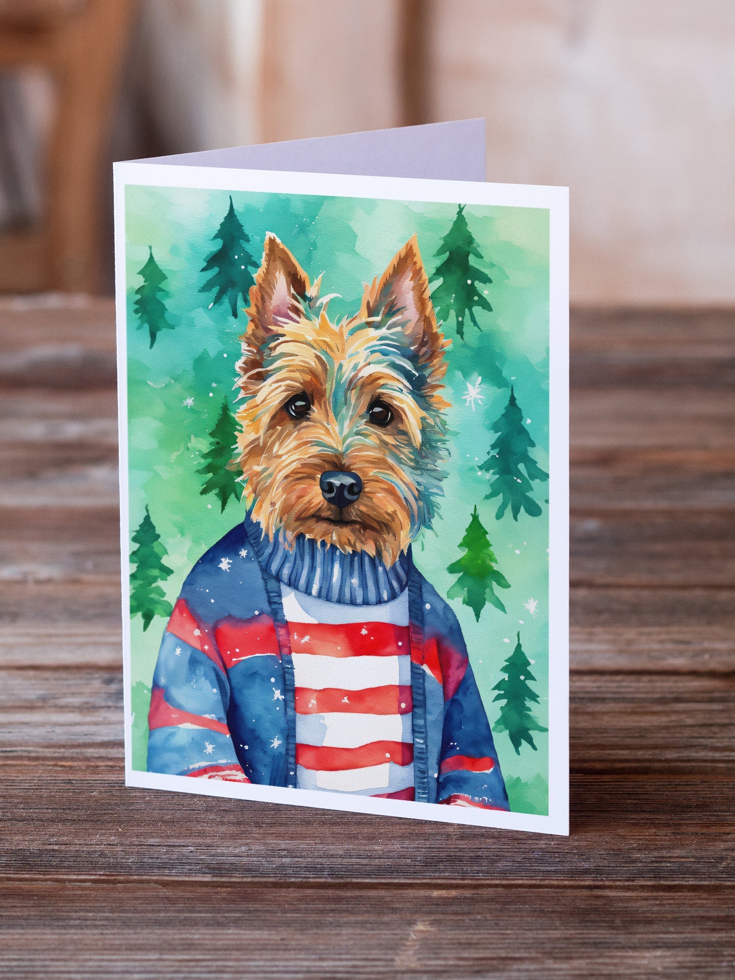 Australian Terrier Christmas Greeting Cards Pack of 8 Blank Cards with Envelopes Whimsical A7 Size 5x7