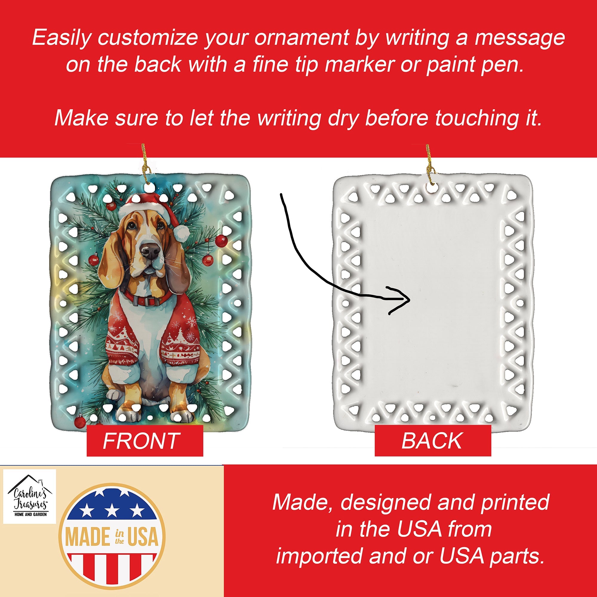 Basset Hound Christmas Porcelain Ornament Christmas Tree Hanging Decorations for Home Christmas Holiday, Rectangle, Gift, Multicolor