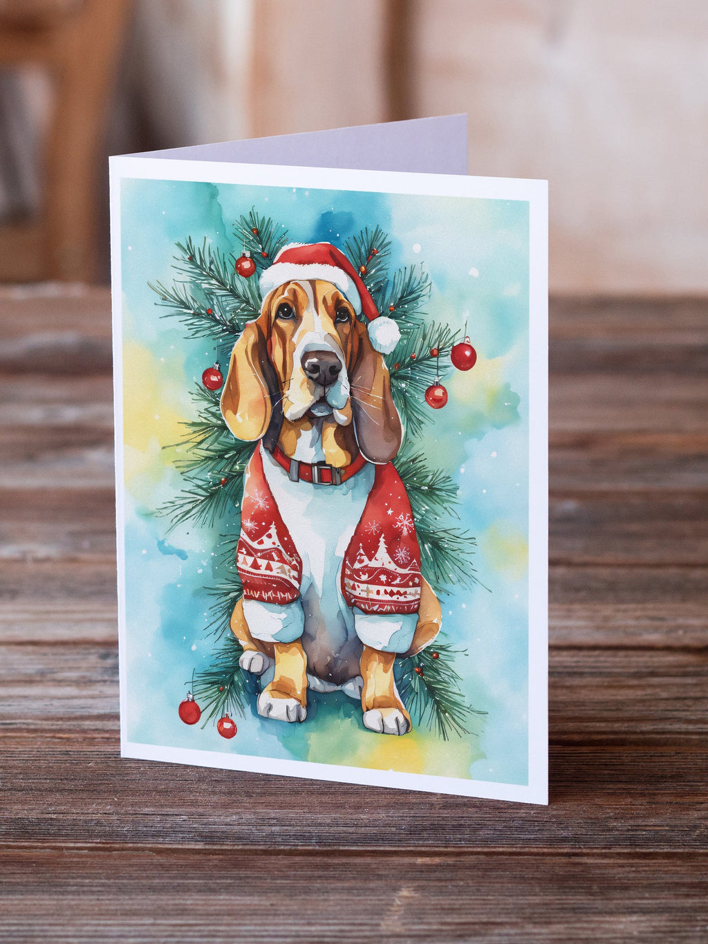 Basset Hound Christmas Greeting Cards Pack of 8 Blank Cards with Envelopes Whimsical A7 Size 5x7