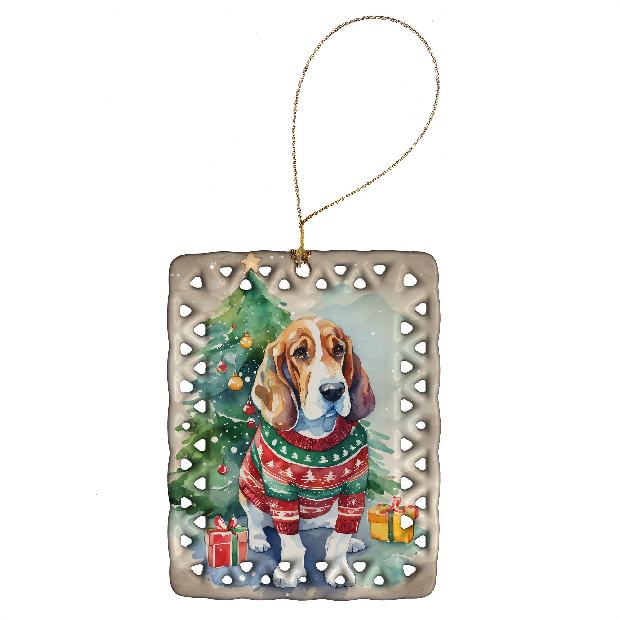 Basset Hound Christmas Porcelain Ornament Christmas Tree Hanging Decorations for Home Christmas Holiday, Rectangle, Gift, Multicolor