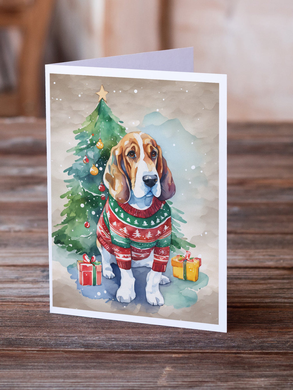 Basset Hound Christmas Greeting Cards Pack of 8 Blank Cards with Envelopes Whimsical A7 Size 5x7