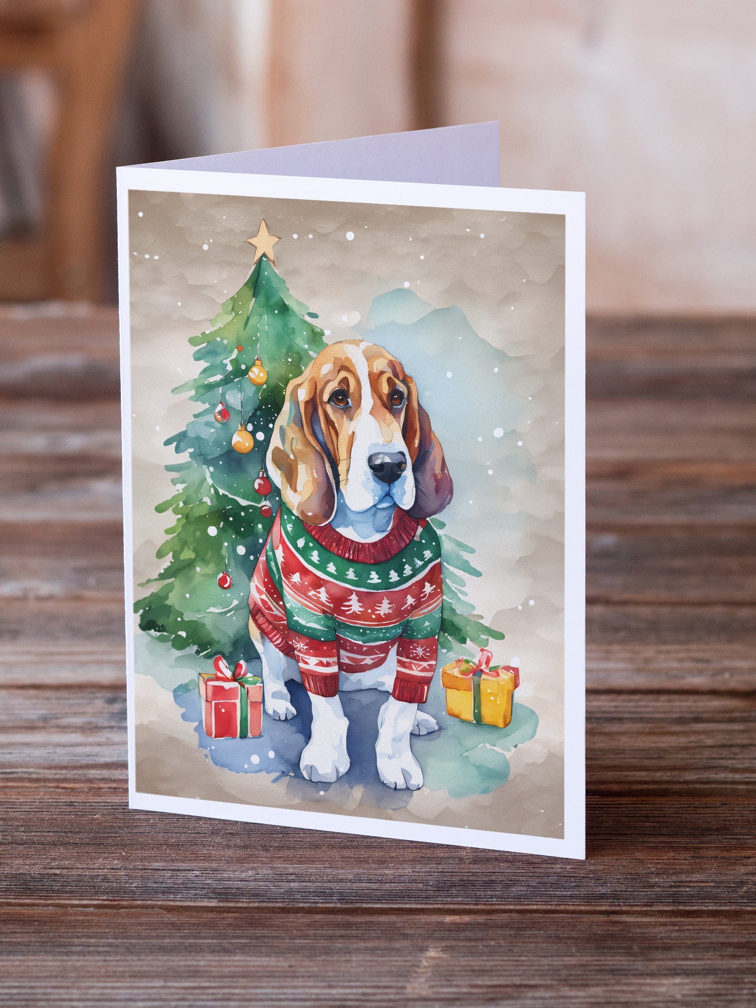 Basset Hound Christmas Greeting Cards Pack of 8 Blank Cards with Envelopes Whimsical A7 Size 5x7