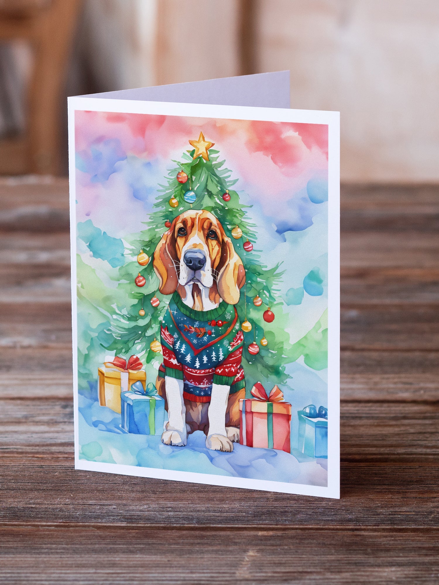 Basset Hound Christmas Greeting Cards Pack of 8 Blank Cards with Envelopes Whimsical A7 Size 5x7