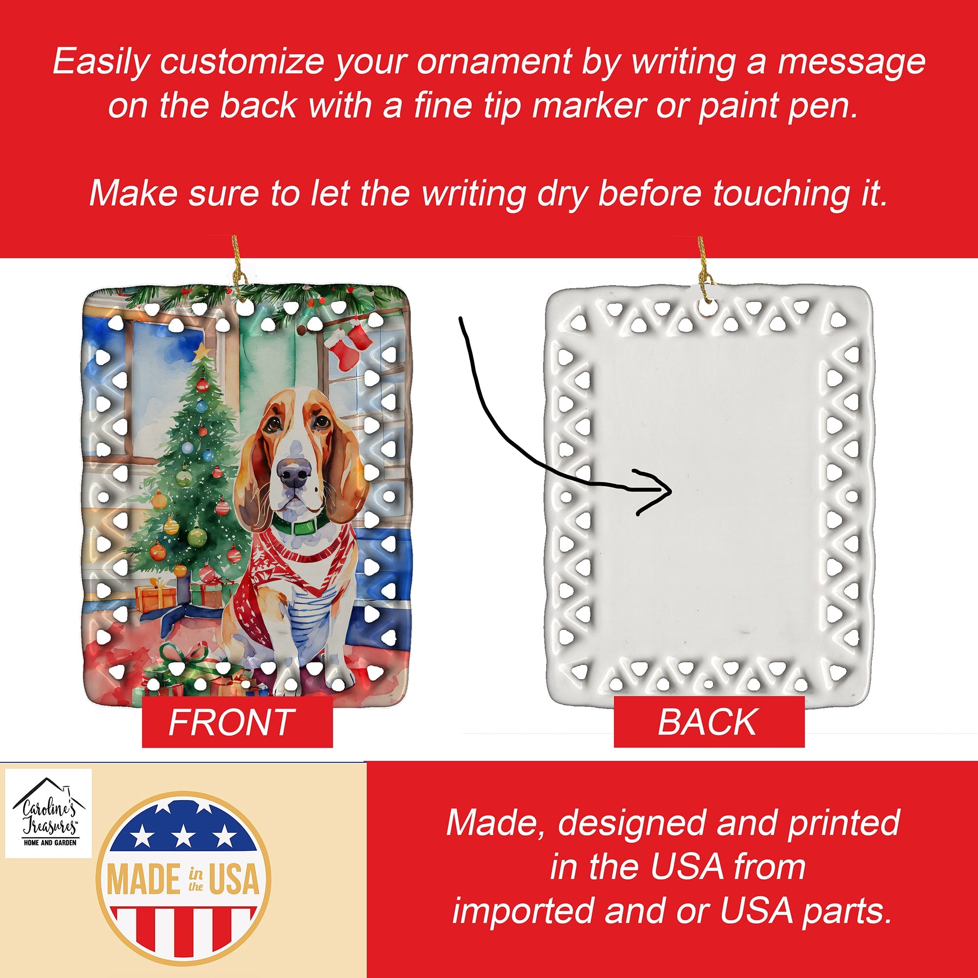 Basset Hound Christmas Porcelain Ornament Christmas Tree Hanging Decorations for Home Christmas Holiday, Rectangle, Gift, Multicolor