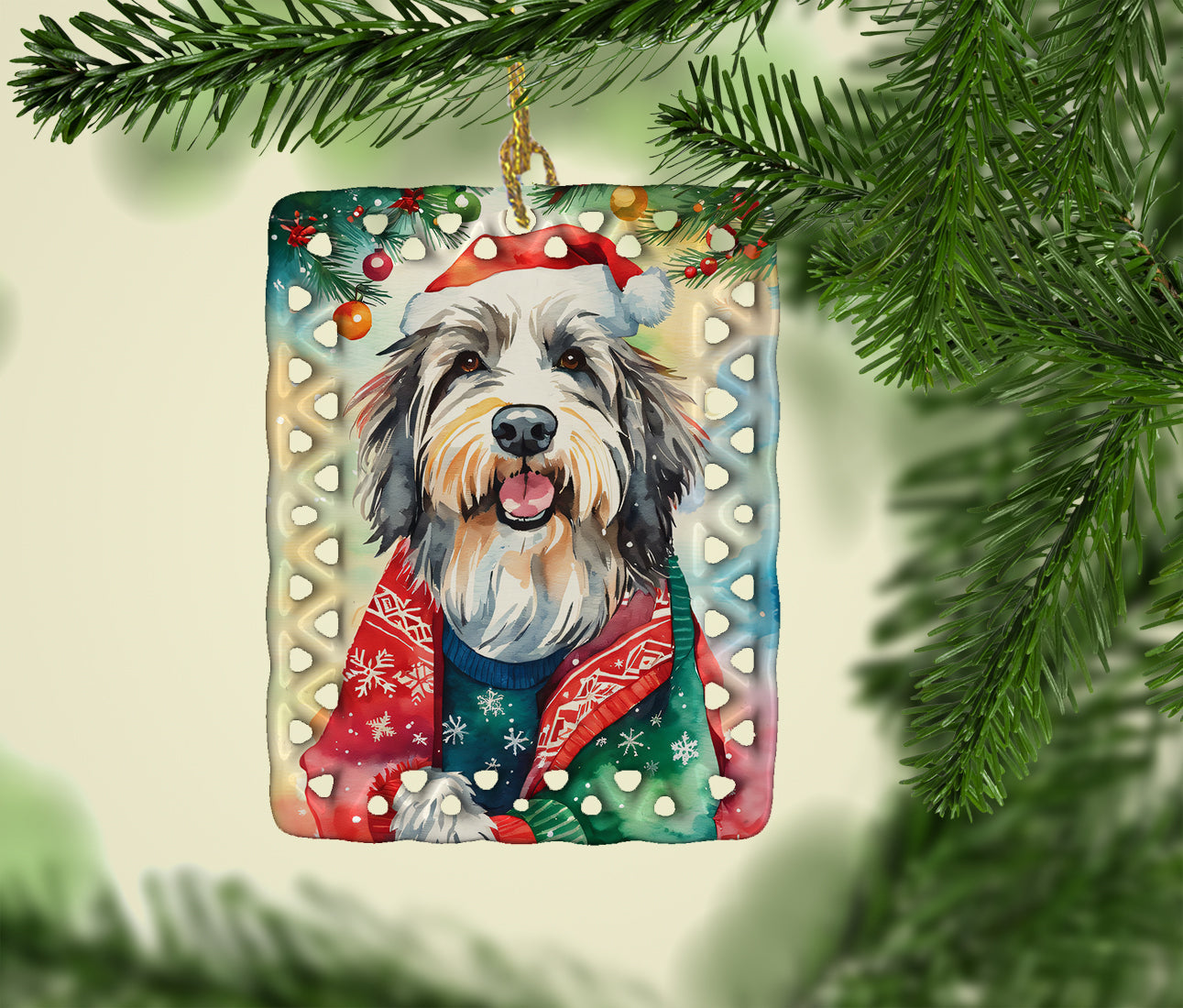 Bearded Collie Christmas Porcelain Ornament Christmas Tree Hanging Decorations for Home Christmas Holiday, Rectangle, Gift, Multicolor