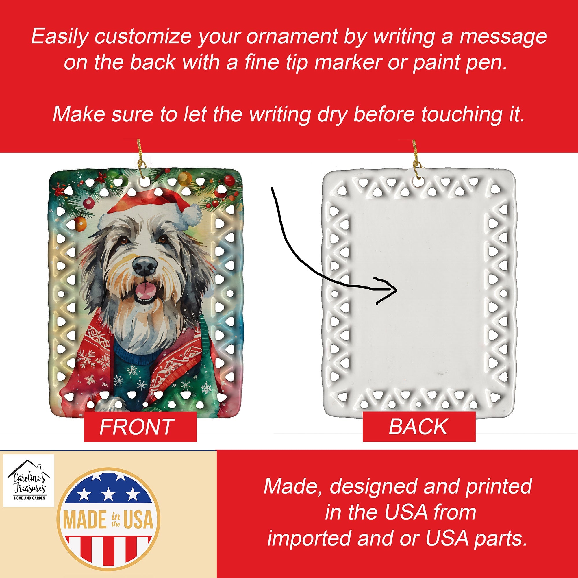 Bearded Collie Christmas Porcelain Ornament Christmas Tree Hanging Decorations for Home Christmas Holiday, Rectangle, Gift, Multicolor