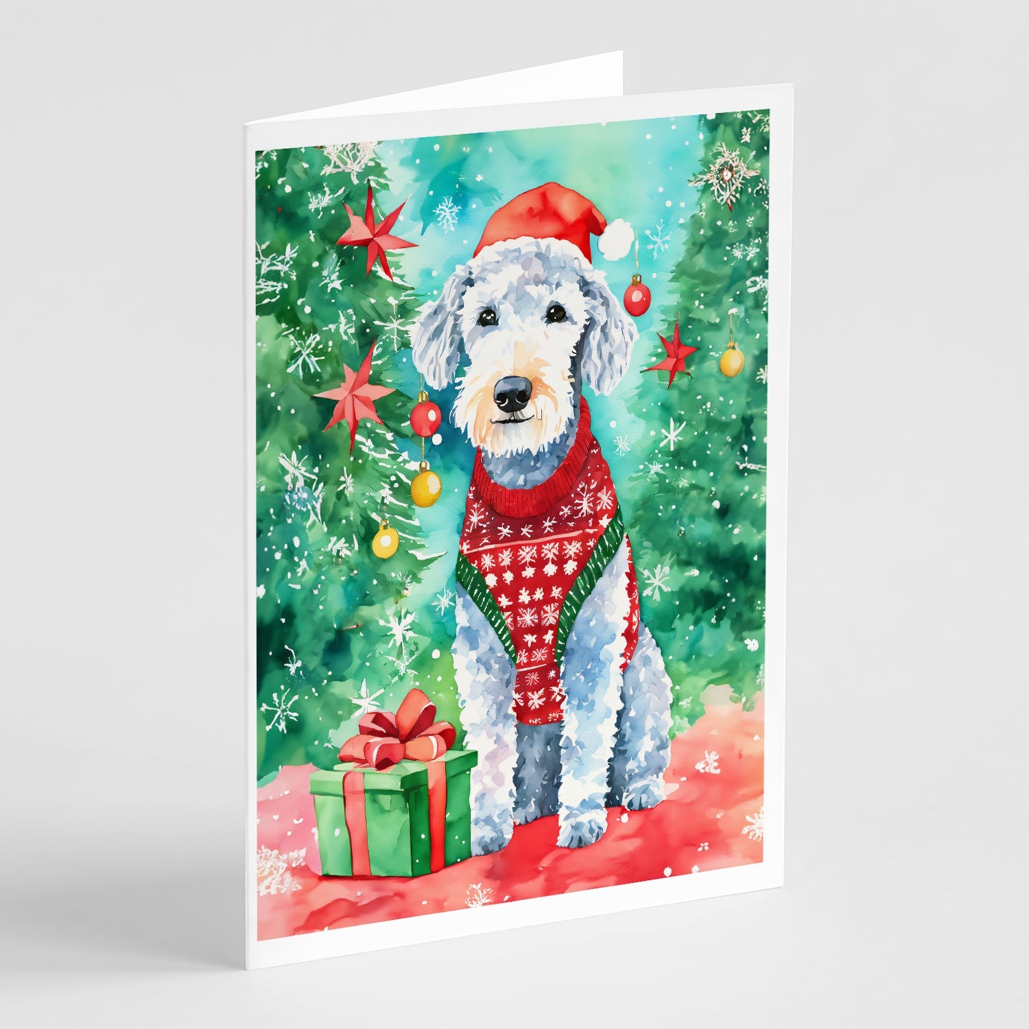 Bedlington Terrier Christmas Greeting Cards Pack of 8 Blank Cards with Envelopes Whimsical A7 Size 5x7