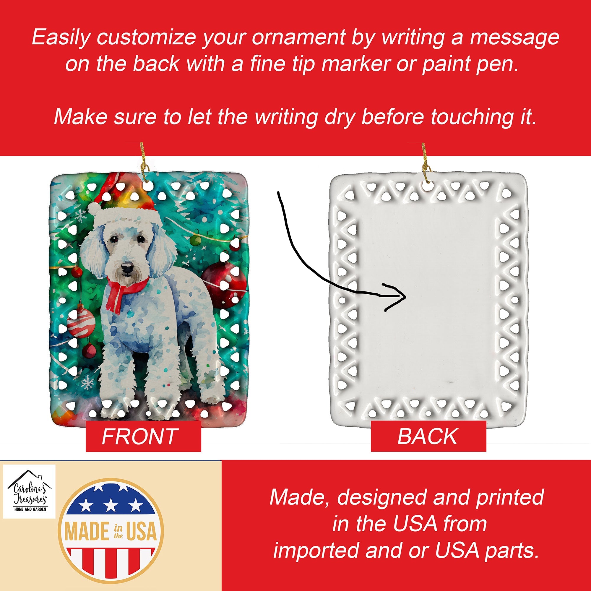 Bedlington Terrier Christmas Porcelain Ornament Christmas Tree Hanging Decorations for Home Christmas Holiday, Rectangle, Gift, Multicolor