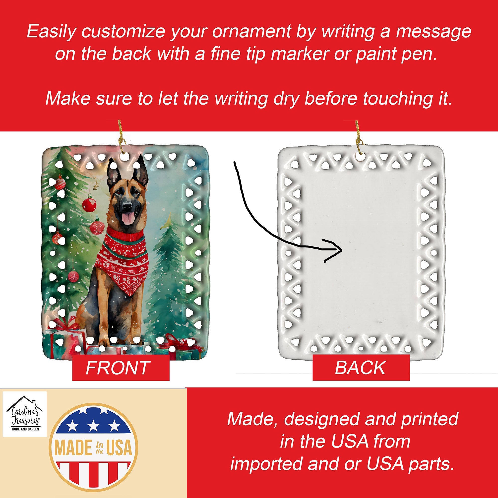 Belgian Malinois Christmas Porcelain Ornament Christmas Tree Hanging Decorations for Home Christmas Holiday, Rectangle, Gift, Multicolor