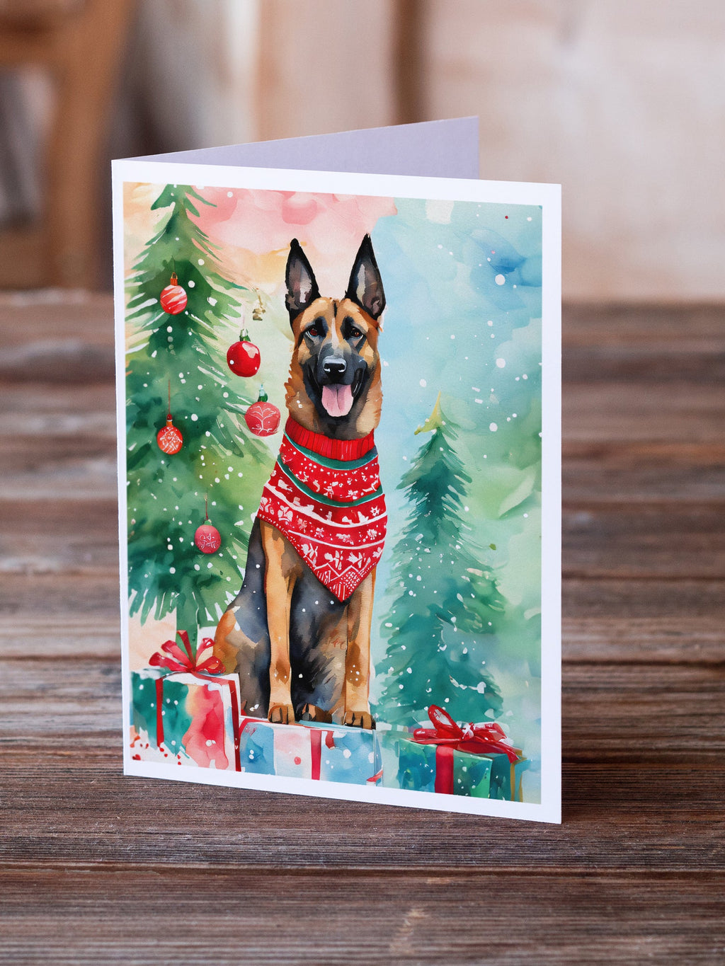 Belgian Malinois Christmas Greeting Cards Pack of 8 Blank Cards with Envelopes Whimsical A7 Size 5x7