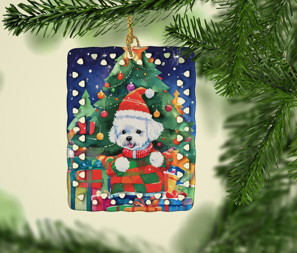 Bichon Frise Christmas Porcelain Ornament Christmas Tree Hanging Decorations for Home Christmas Holiday, Rectangle, Gift, Multicolor