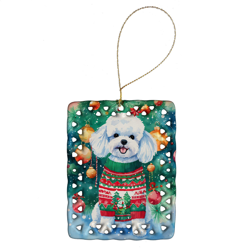 Bichon Frise Christmas Porcelain Ornament Christmas Tree Hanging Decorations for Home Christmas Holiday, Rectangle, Gift, Multicolor