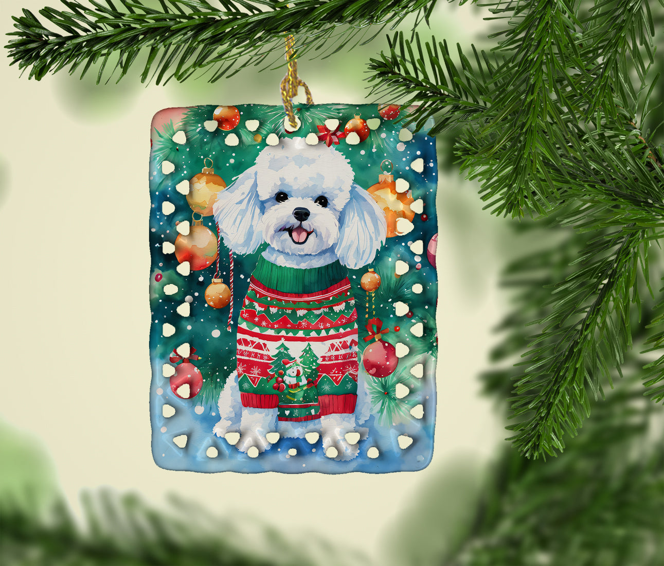 Bichon Frise Christmas Porcelain Ornament Christmas Tree Hanging Decorations for Home Christmas Holiday, Rectangle, Gift, Multicolor
