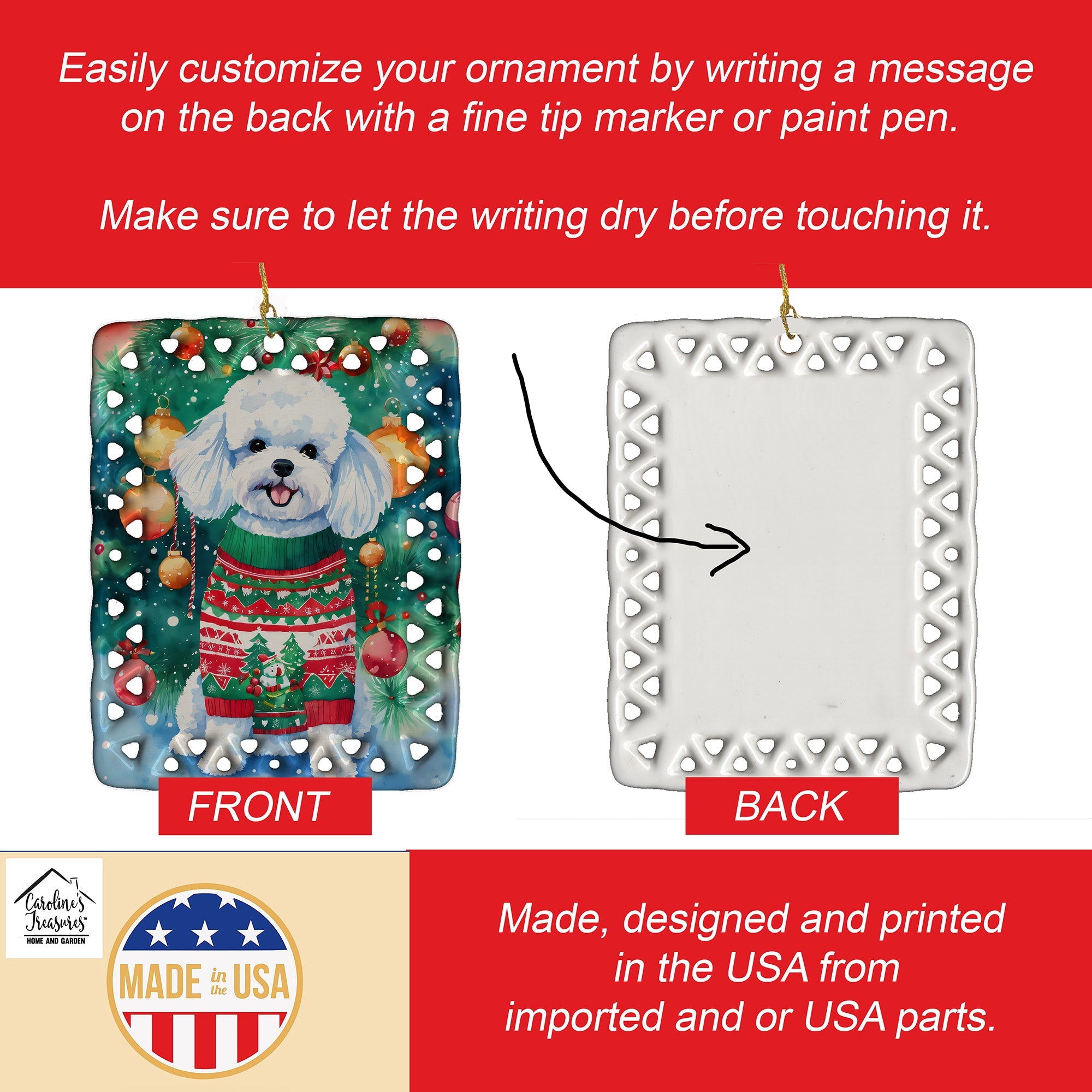 Bichon Frise Christmas Porcelain Ornament Christmas Tree Hanging Decorations for Home Christmas Holiday, Rectangle, Gift, Multicolor