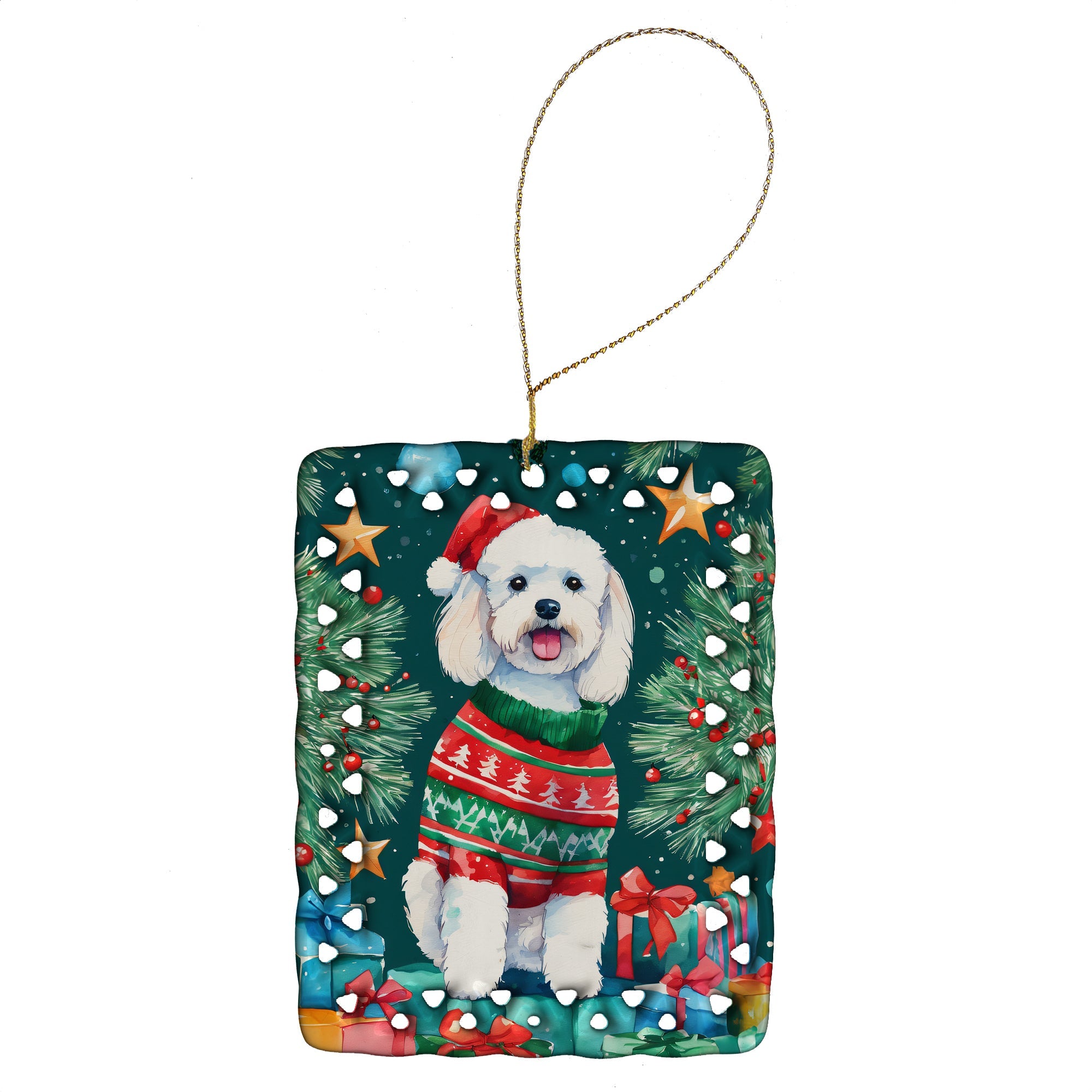 Bichon Frise Christmas Porcelain Ornament Christmas Tree Hanging Decorations for Home Christmas Holiday, Rectangle, Gift, Multicolor