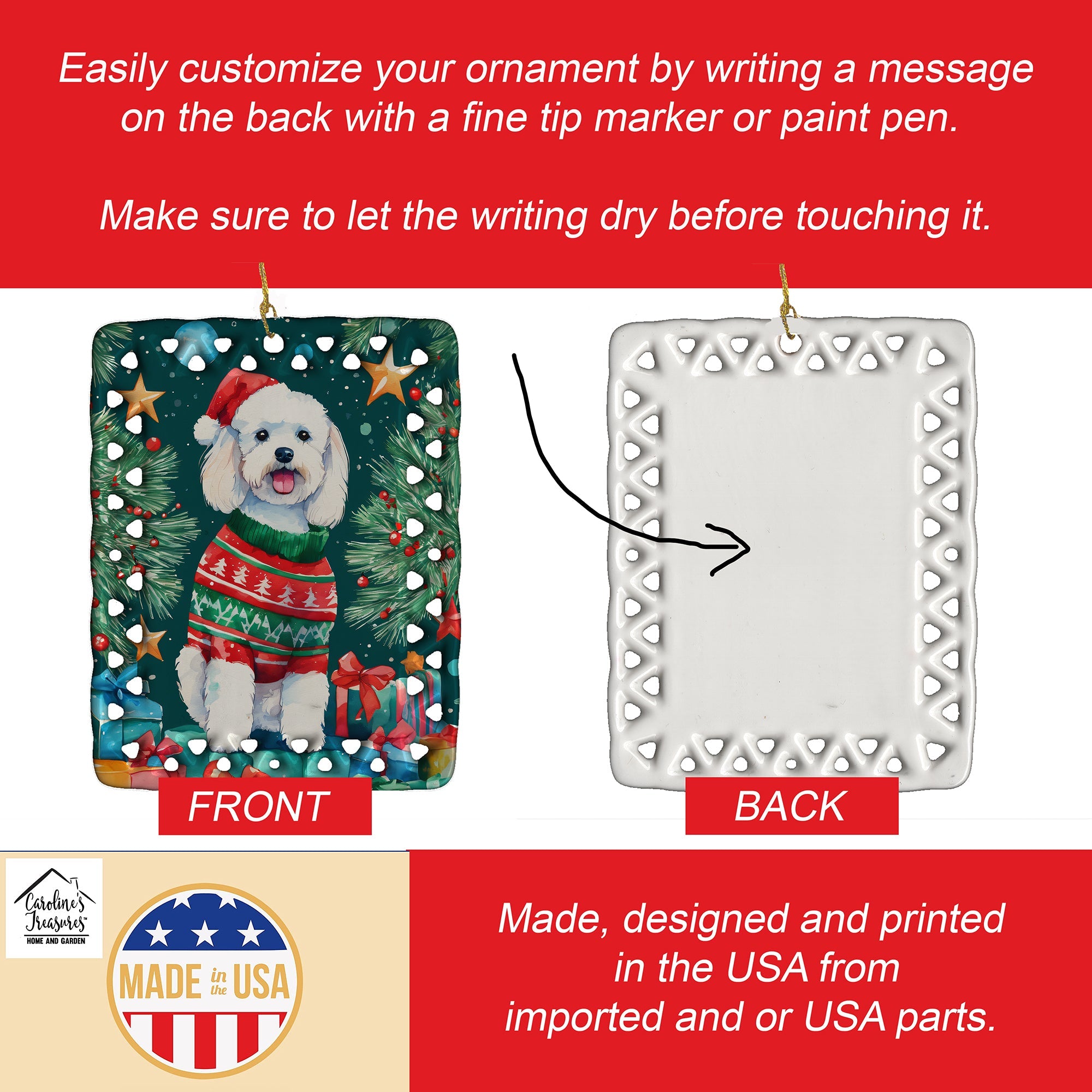 Bichon Frise Christmas Porcelain Ornament Christmas Tree Hanging Decorations for Home Christmas Holiday, Rectangle, Gift, Multicolor