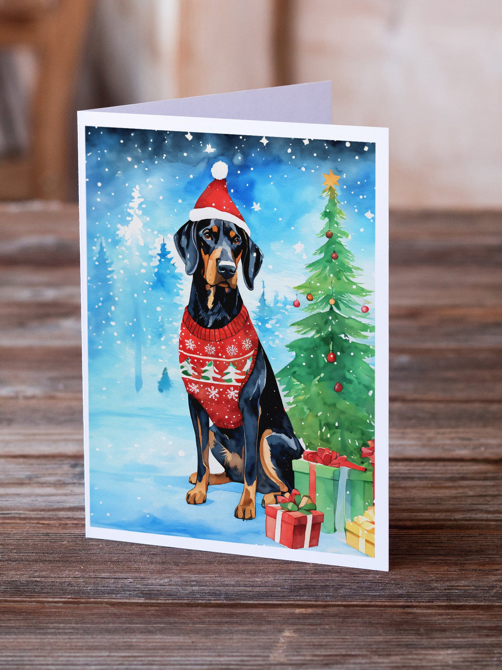 Black and Tan Coonhound Christmas Greeting Cards Pack of 8 Blank Cards with Envelopes Whimsical A7 Size 5x7