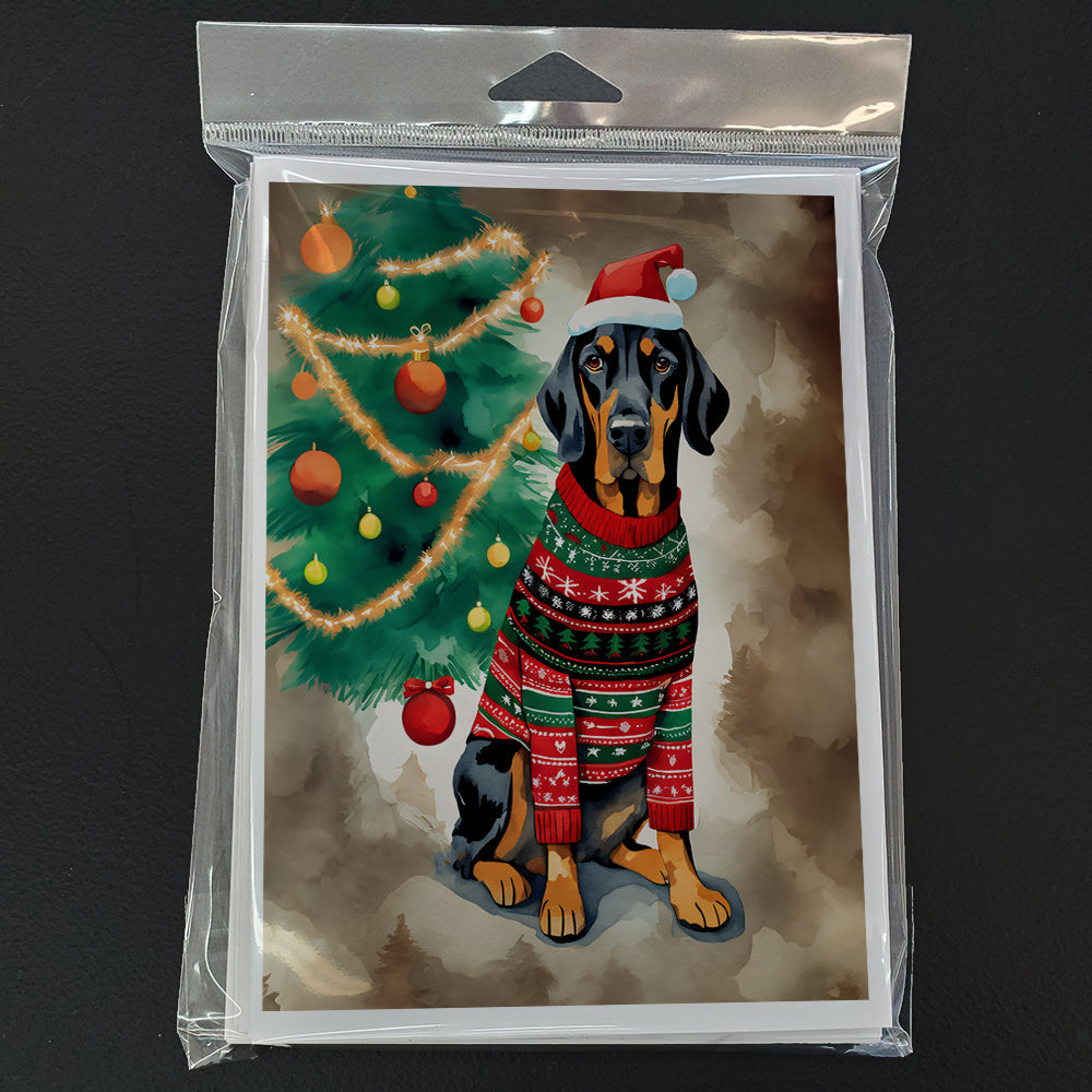 Black and Tan Coonhound Christmas Greeting Cards Pack of 8 Blank Cards with Envelopes Whimsical A7 Size 5x7