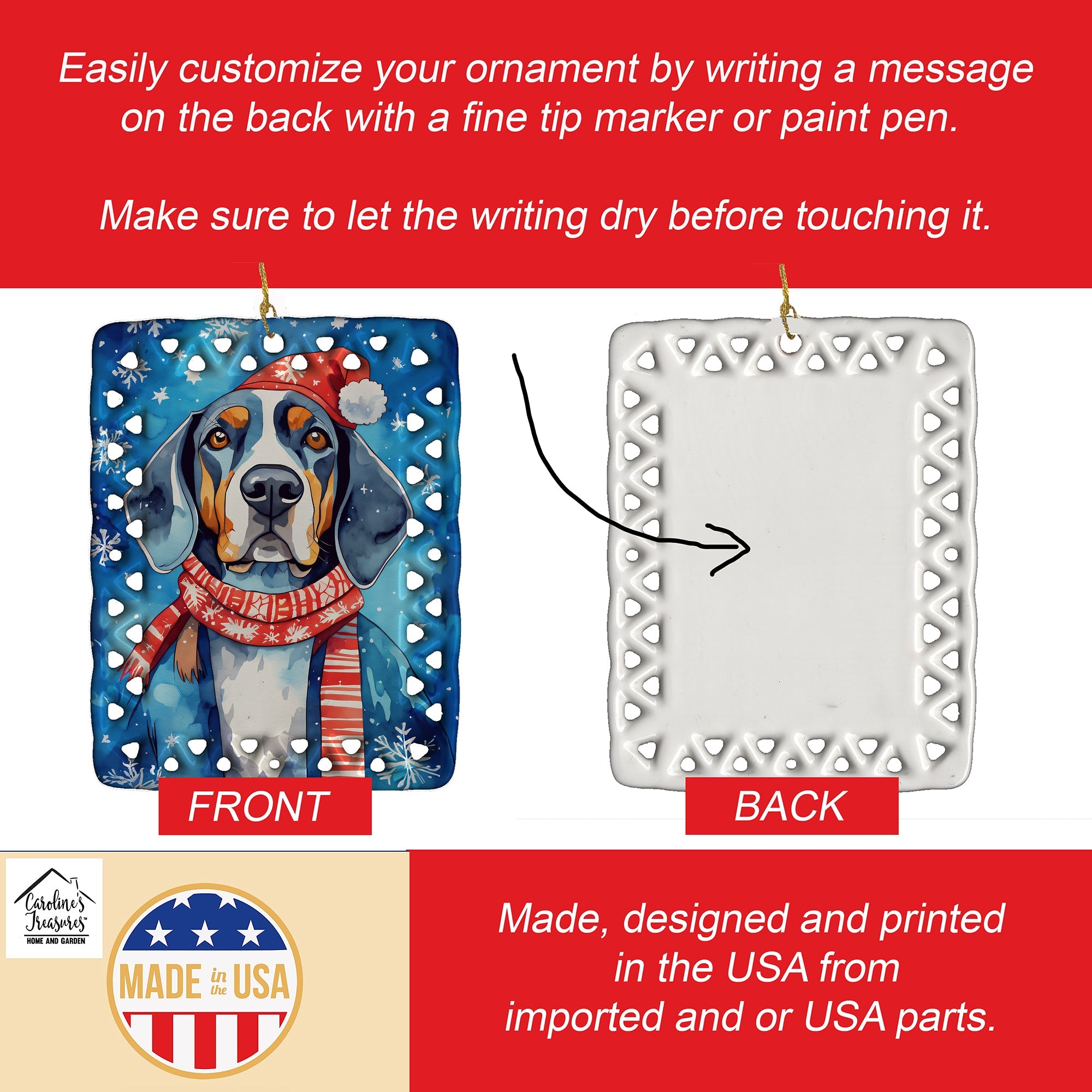 Black and Tan Coonhound Christmas Porcelain Ornament Christmas Tree Hanging Decorations for Home Christmas Holiday, Rectangle, Gift, Multicolor